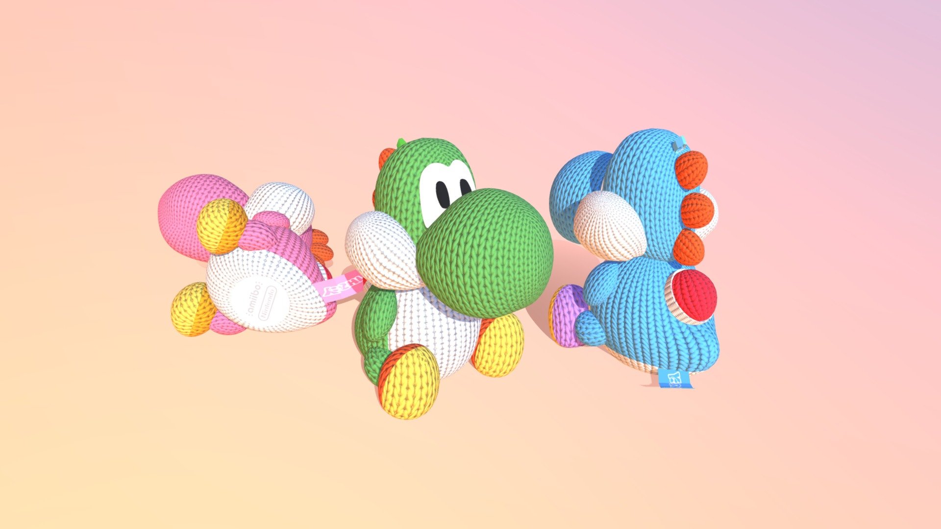 Three yarn yoshi amiibos based on Nintendo's very own! Everything was made using Blender. Which color is your favorite?

Knit wool texture is from Poliigon: https://www.poliigon.com/texture/fabric-modeled-wool-001 - Yarn yoshi amiibos - 3D model by trishakriegel 3d model