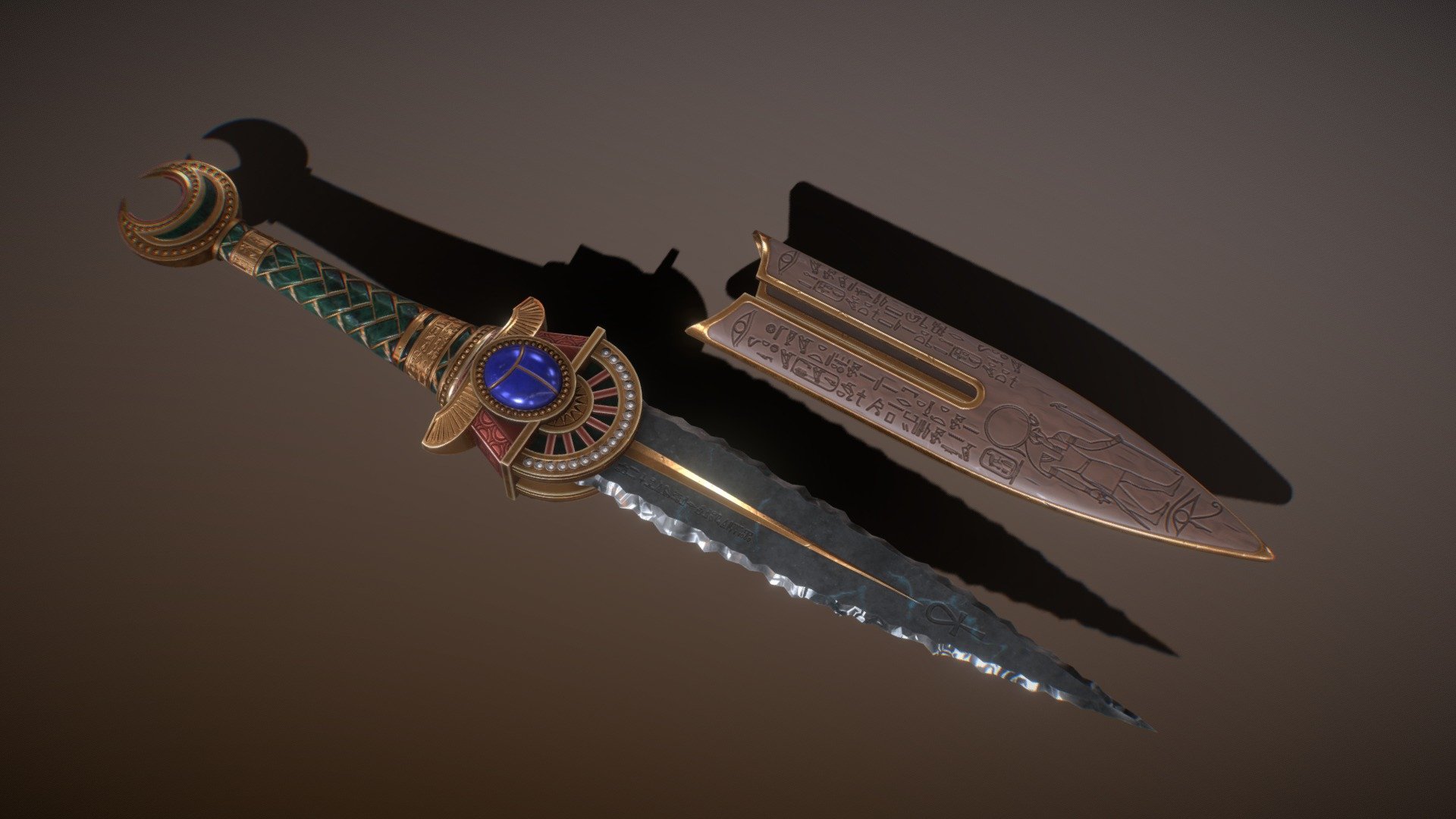 Fictional ancient Egyptian styled dagger with flintstone blade and made out of gold, lapis lazuli, copper, green gems and with wooden sheath. Made to be used by a necromancer, pharaoh or death priest 3d model