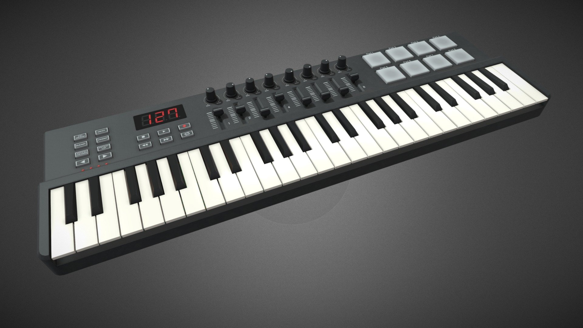 Compact 49 key MIDI controller with PBR materials.

Game engine ready, visualization ready, including FBX, OBJ with PBR textures and 3ds Max scene with Vray textures. Quads and tris only.

All keys, knobs and sliders are separate objects with the pivots in proper places, so you can animate it easily.

You can listen and free download the audio track here: https://soundcloud.com/ivan_wsk/the-entertainer-hardcore - Four octave MIDI Keyboard - 3D model by Ivan_WSK (@ivan-wsk) 3d model