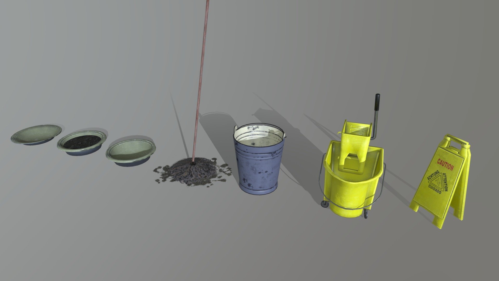A set of cleaning supplies, bucket, pans, mop, mop bucket, wet floor sign. Hope you find it useful 3d model