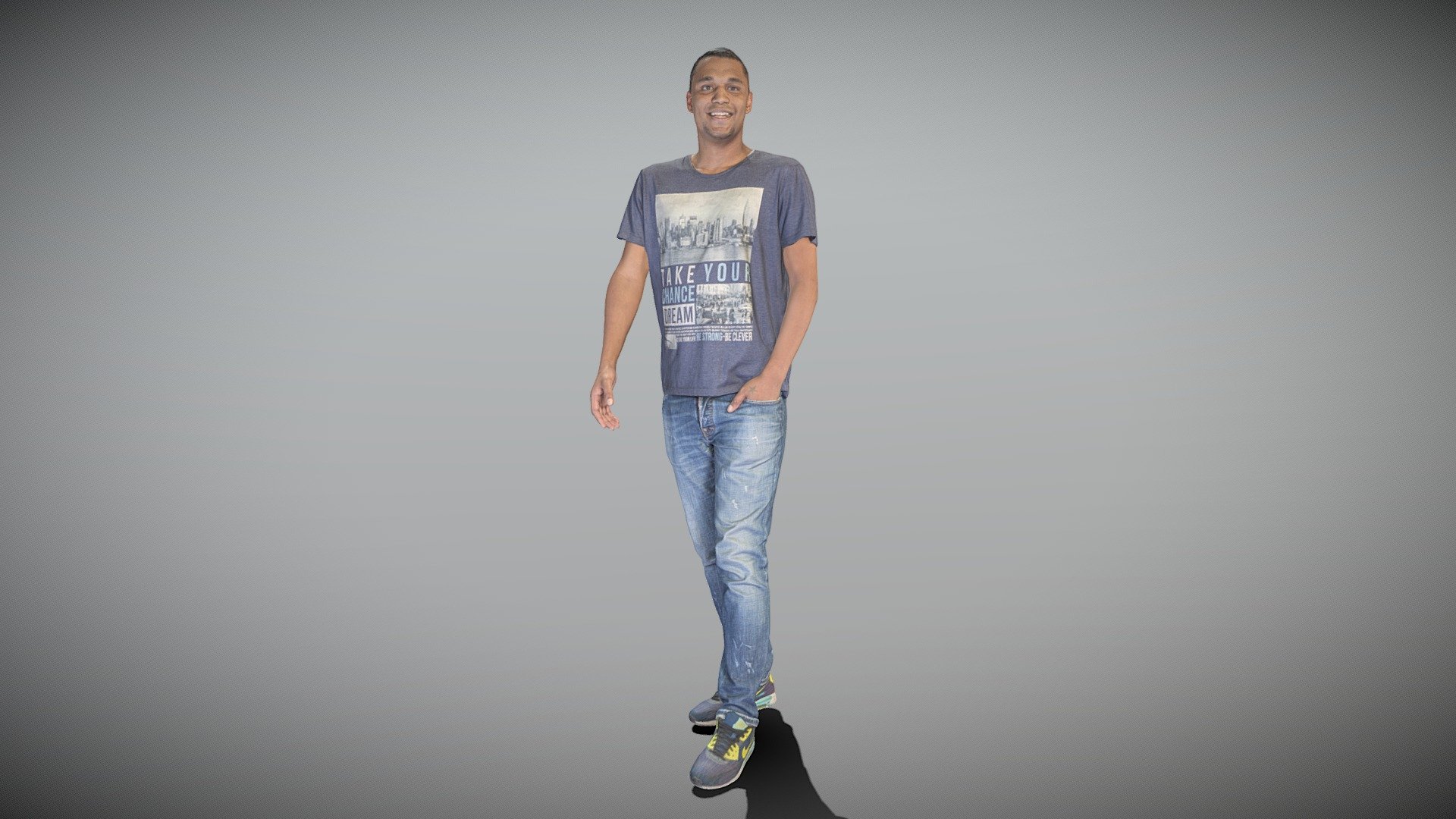 This is a true human size and detailed model of a handsome young man of African appearance dressed in casual style. The model is captured in casual pose to be perfectly matching to variety of architectural visualization, background character, product visualization e.g. urban installations, city designs, outdoor design presentations, VR/AR content, etc.

Technical specifications:




digital double 3d scan model

150k &amp; 30k triangles | double triangulated

high-poly model (.ztl tool with 4-5 subdivisions) clean and retopologized automatically via ZRemesher

sufficiently clean

PBR textures 8K resolution: Diffuse, Normal, Specular maps

non-overlapping UV map

no extra plugins are required for this model

Download package includes a Cinema 4D project file with Redshift shader, OBJ, FBX, STL files, which are applicable for 3ds Max, Maya, Unreal Engine, Unity, Blender, etc. All the textures you will find in the “Tex” folder, included into the main archive.

3D EVERYTHING

Stand with Ukraine! - Man in casual walking 362 - Buy Royalty Free 3D model by deep3dstudio 3d model