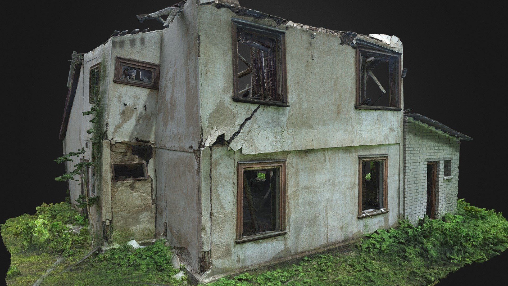 3D scan of and old brick house in the middle of a field. 

No glass in windows, walls barely holding together, collapsed roof.

With normal map 3d model