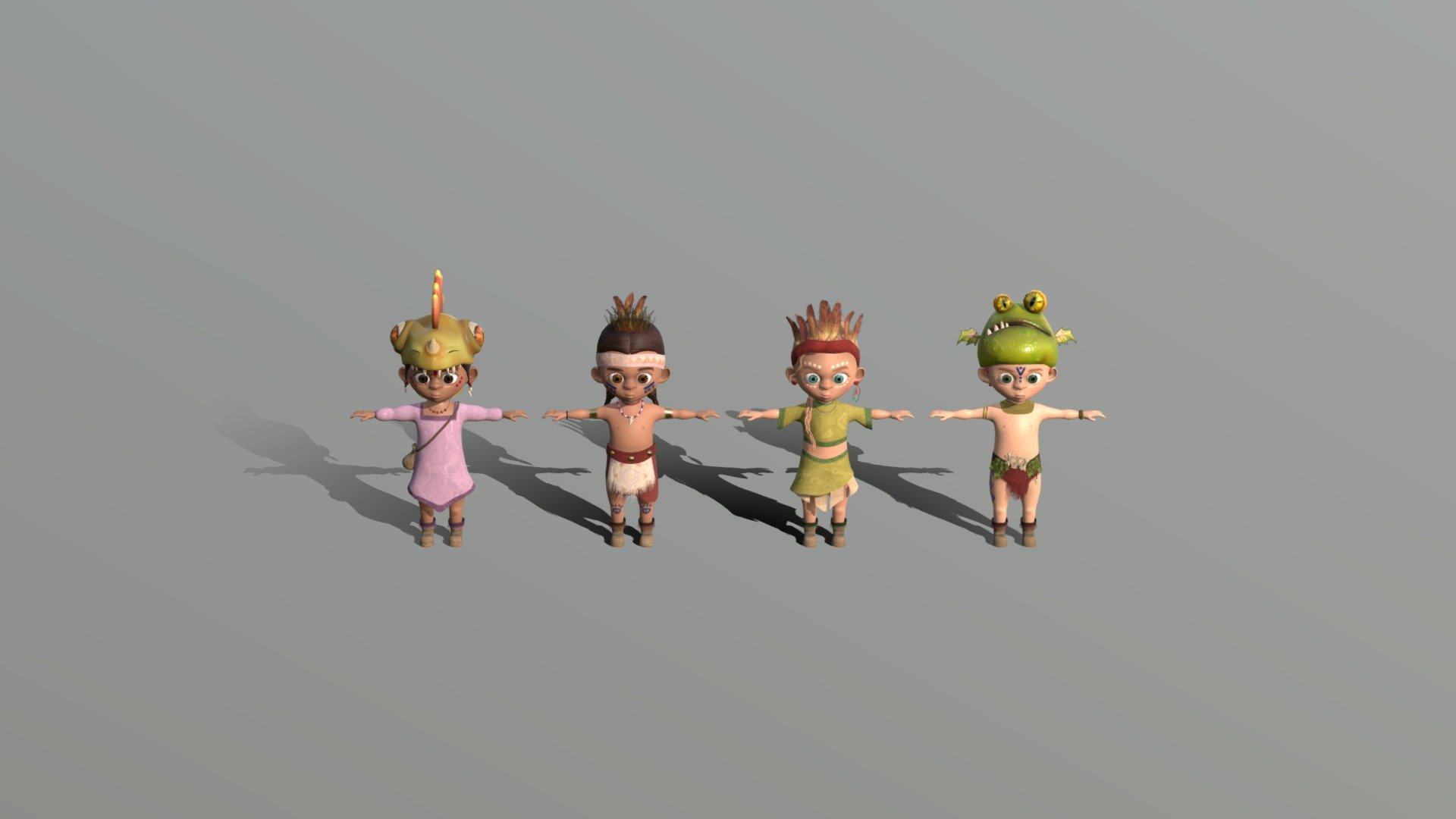 Stylised tribal characters asset pack consisting of 2 boys, 2 girls, various outfits and props. The base mesh is the same, but the characters have different hairstyles and textures for the face. Textures are 2048x2048, this could be lowered if required. Free to use. Not for resale! - Stylised Tribal Characters Asset Pack T-Pose - Download Free 3D model by ChloeRobynSmith (@chloerobyn) 3d model