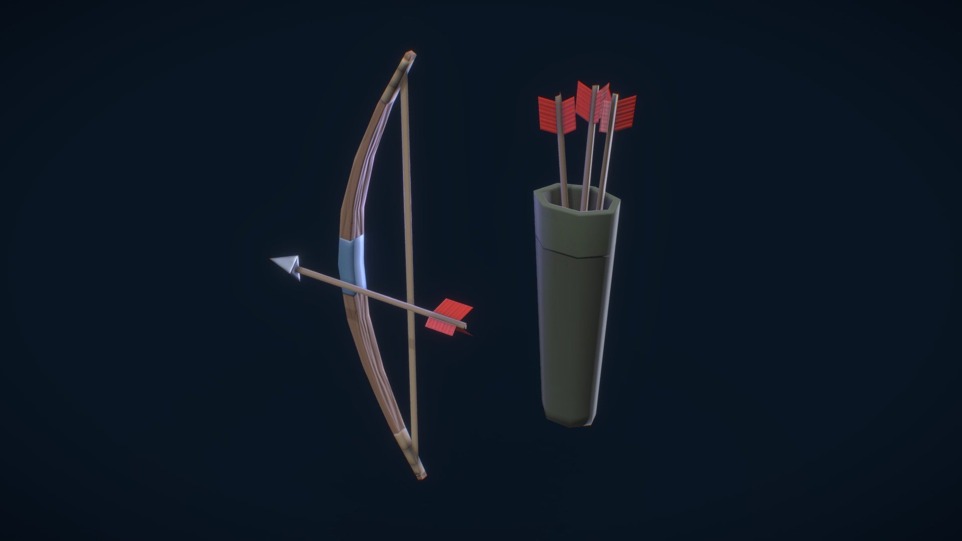 Bow with arrows and quiver, low poly, with PBR textures. Classic diffuse texture with light bake are also included.


Bow 76 tris, textures 512x512
Arrow 23 tris, textures 128x128
Quiver 40 tris, textures 512x512

Archive (bow.zip) contains:


textures in .png format
separated models of bow, arrow and quiver in .obj and .fxb
non-pbr diffuse texture with light bake
 - Bow with arrows and quiver - Buy Royalty Free 3D model by G-99Factory (@ViktorMishin) 3d model