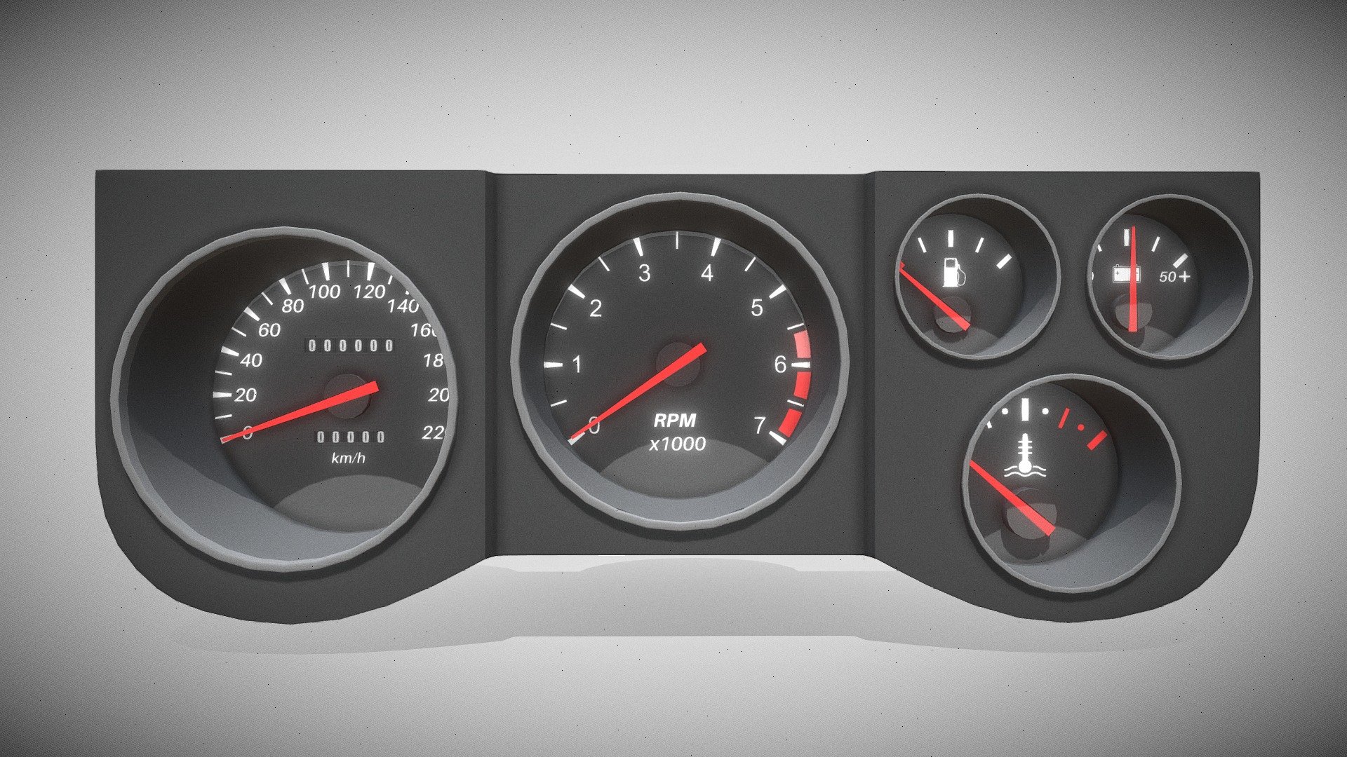 Low poly realistic rigged dashboard with my own design. Realistic size. Ready for games or other projects. Additional files contains .blend files, fbx, and textures with emmisive mask for UE5 or other projects. 
All bones are in correct position, sizes and etc. 
Contains Root bone, 5 indicator bones, and 11 mileage numbers bones.
If you have decided to buy a model but there is something in it that doesn’t satisfy you, or you want to add something to it, feel free to write to me, and I will try to solve it.
 - Car Dashboard - Buy Royalty Free 3D model by Ele.G (@unrealengine432) 3d model