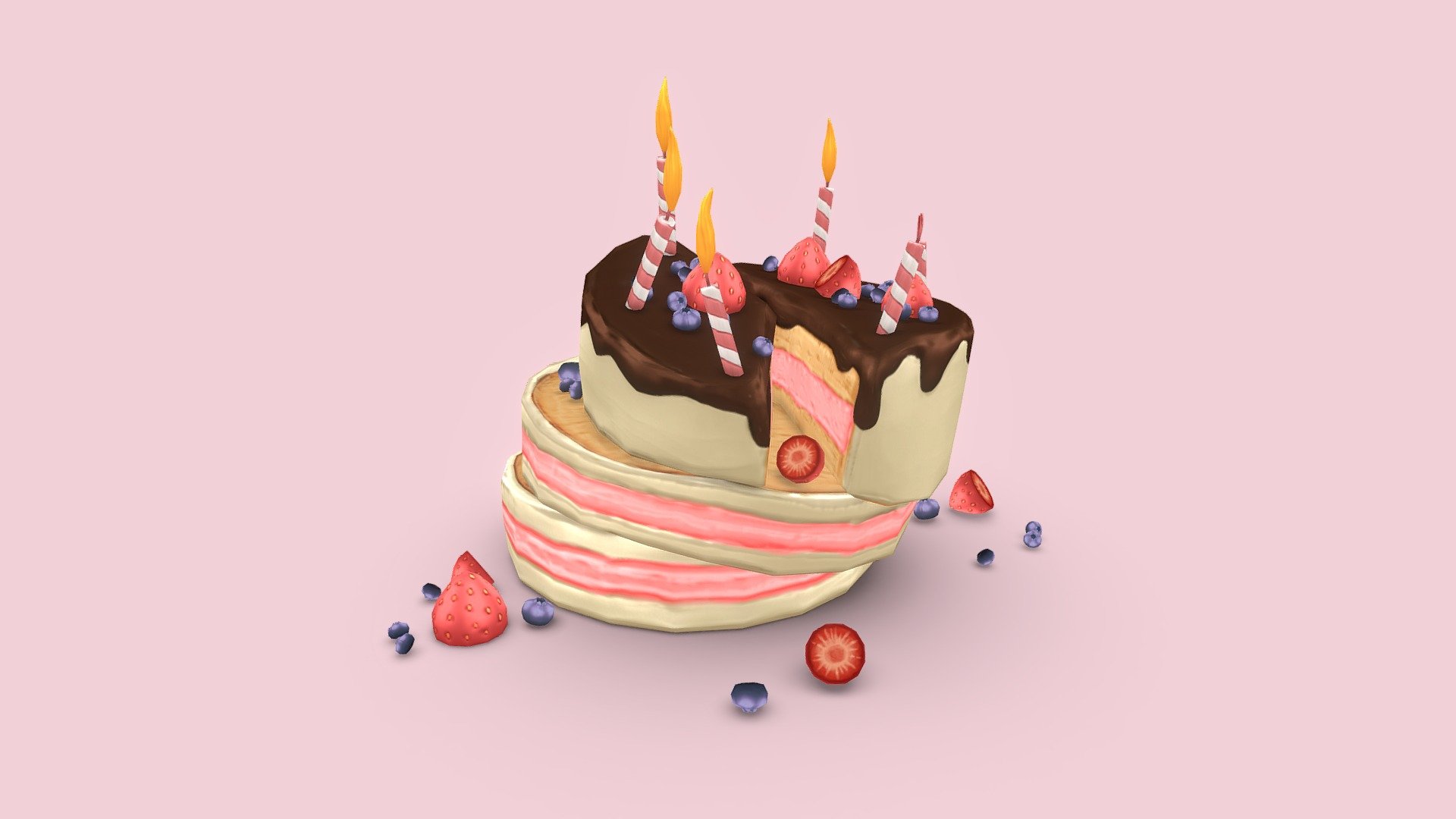 If you need additional work done do not hesitate to contact me, I am currently available for freelance work.

A Broken or damaged strawberry and chocolate bisquit birthday cake. Falling apart and melting into itself. With candles and berries. 
Full retopology and textured, pbr works aswell as unlit.

Highpoly sculpted in Nomadsculpt, Lowpoly made in Blender.
Highpoly and Lowpoly-models are in Blend-file included in additional file with embedded materials.
Model and Concept by Me, Enya Gerber 3d model