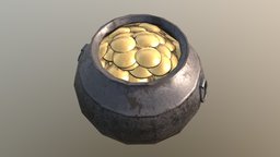Pot of Gold optimized, lightmap, low-poly-model, lowpolymodel, gold-coins, metal-pot, pot-of-gold, low-poly, lowpoly