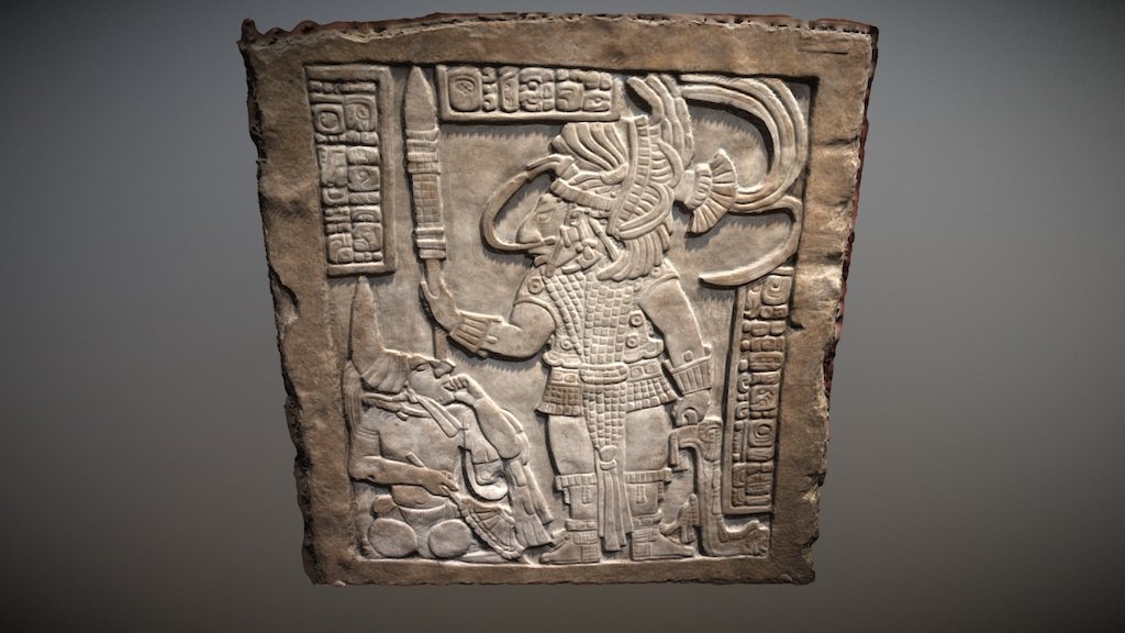Description from the British Museum:
“Maya, about AD 755-70
Here the ruler, Bird Jaguar, stands over a captive noble who, judging by the beaded droplets on his nose and cheek, has already let blood. Eight days later when his heir, Shield Jaguar II, was born, Bird Jaguar and one of his other wives performed ritual bloodletting in celebration. Seventy-five days later, on 3 May AD 752, Bird Jaguar was officially installed as king, an event which took place only after the capture of noble prisoners and, in this casem the birth of a male heir.”

Created using 18 photos taken by an iPhone 5s - Mayan Lintel 16 - 3D model by weatherbeewesley 3d model