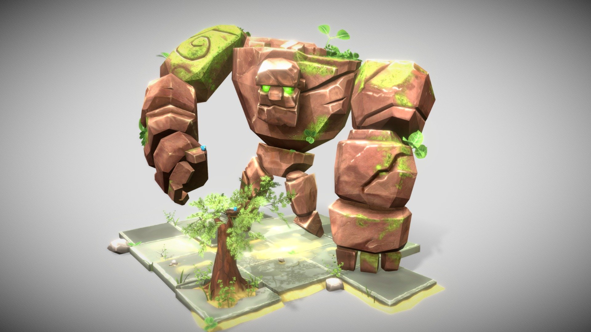 Here is a new low poly diorama originally inspired by the fabulous concept of Sephiroth Art.

It has been a while in production as after initially building the Golem I left it to come up with an additional storyline. 

In the end I was inspired by the acts of kindness that have been occuring all over the world recently and the birds nesting in our garden. This lead to showing the gentle side of his character rescueing a chick and trying to return it to the nest.

Original concept artwork https://www.artstation.com/artwork/4bgGk8 - Golem - 3D model by pixeldad (@andyd67) 3d model