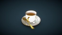 Cup Of Tea drink, tea, food, b3d, plate, ceramic, spoon, sugar, beverage, saucer, tableware, blender-3d, houseware, substance-painter, cup, gold
