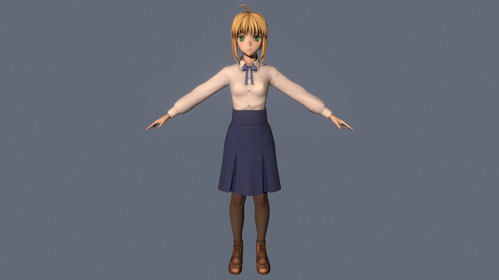 T-pose rigged model of anime girl Saber (Fate Stay Night).

Body and clothings are rigged and skinned by 3ds Max CAT system.

Eye direction and facial animation controlled by Morpher modifier / Shape Keys / Blendshape.

This product include .FBX (ver. 7200) and .MAX (ver. 2010) files.

3ds Max version is turbosmoothed to give a high quality render (as you can see here).

Original main body mesh have ~7.000 polys.

This 3D model may need some tweaking to adapt the rig system to games engine and other platforms.

I support convert model to various file formats (the rig data will be lost in this process): 3DS; AI; ASE; DAE; DWF; DWG; DXF; FLT; HTR; IGS; M3G; MQO; OBJ; SAT; STL; W3D; WRL; X.

You can buy all of my models in one pack to save cost: https://sketchfab.com/3d-models/all-of-my-anime-girls-c5a56156994e4193b9e8fa21a3b8360b

And I can make commission models.

If you have any questions, please leave a comment or contact me via my email 3d.eden.project@gmail.com 3d model