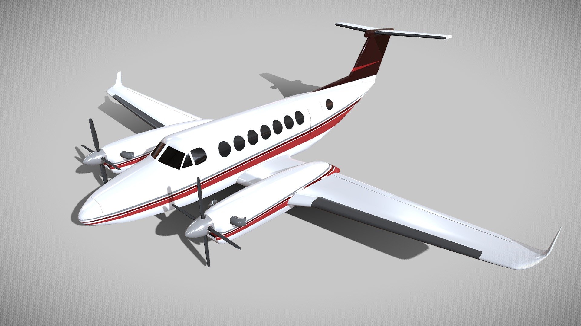 3d model created with blender3d 2.76 version.Renderings with blender internal render.There are no interior objects and no landing gears for this product.There is one texture image mapped from side view,both fuselage and engine stripes included.Texture is png 2096 x 2096 px.Texture has windows and stripes details.Doors are created from polygons attached to fuselage,but you can unlink it as rudder too.Most of the objects detached.There are elevators and rudder as polygons,but not rigged.Object rendered with subdiv 2,until my product exported with subdiv 1.Enjoy my product.

3ds file polys: 121452 verts: 40484

obj file polys: 24607 verts: 41884

Checked with GLC player - Beechcraft_kingair_350 airplane - Buy Royalty Free 3D model by koleos3d 3d model
