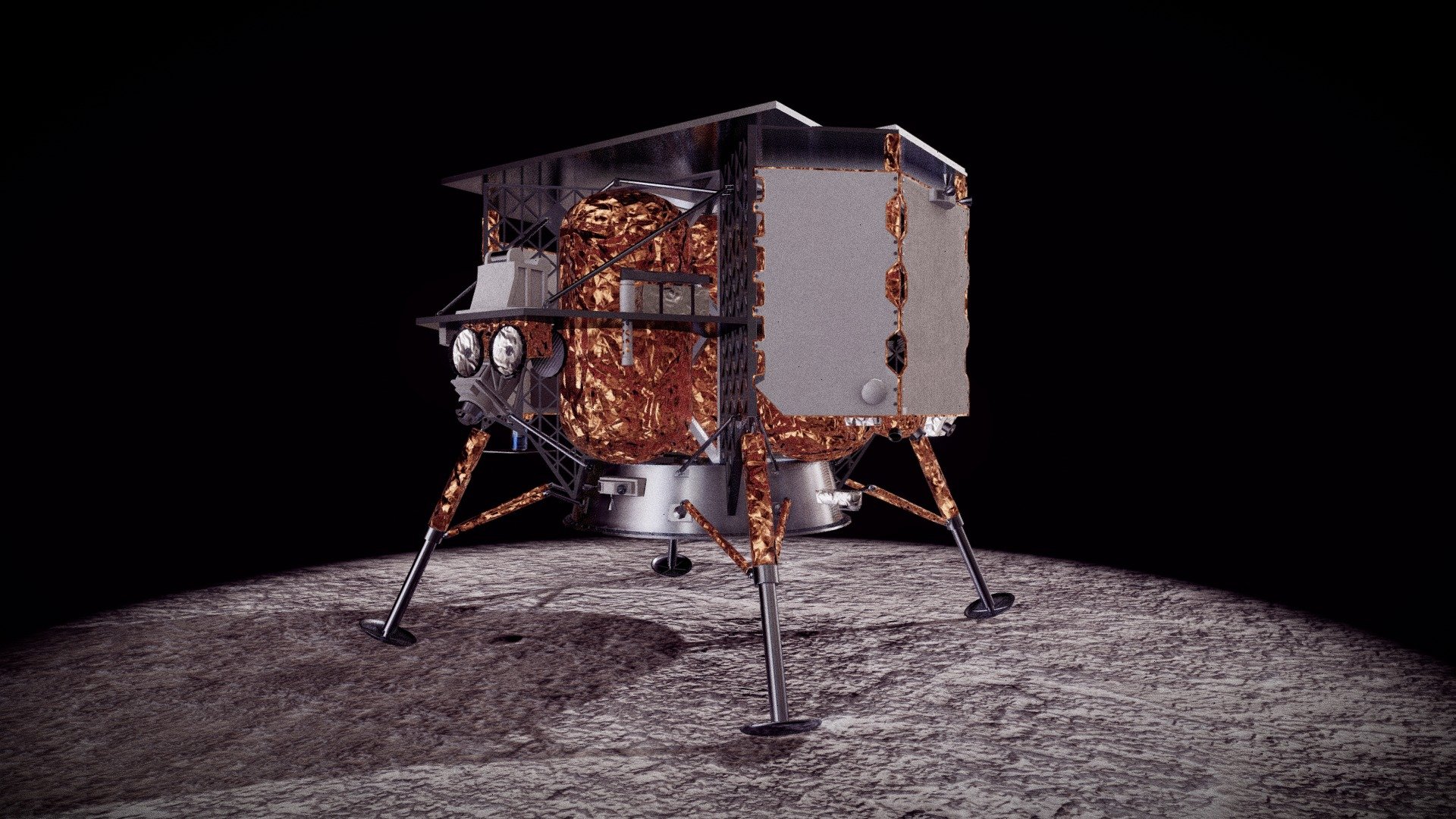 Peregrine Mission 1 (TO2-AB), or the Peregrine Lunar Lander, carrying scientific and other payloads to the Moon, is planned to touch down on the lunar surface on Sinus Viscositatis. The scientific objectives of the mission are to study the lunar exosphere, thermal properties and hydrogen abundance of the lunar regolith, magnetic fields, and the radiation environment. It will also test advanced solar arrays 3d model