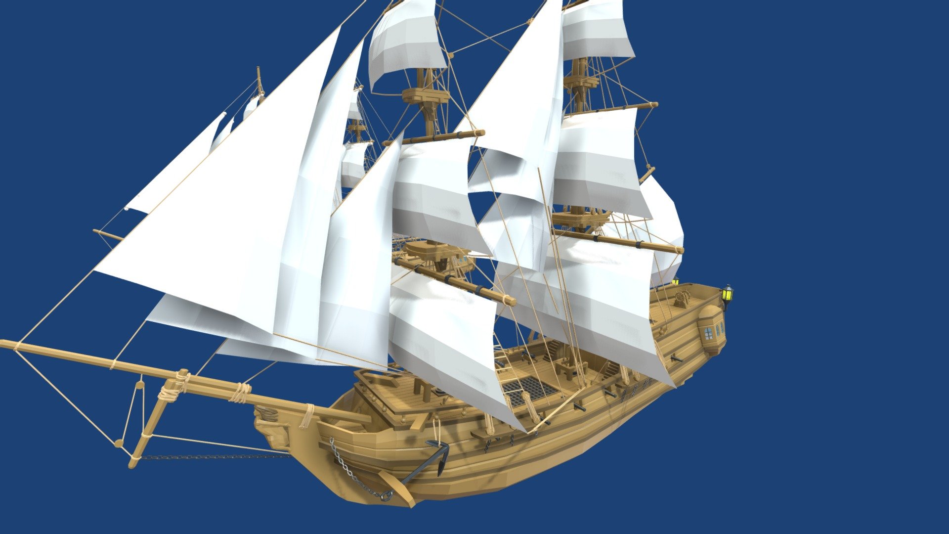 Pack of two lowpoly sailing ships:

Brig:135k

Schooner:40k

Blend file included

Both ships have versions with retracted and full sails and both version if you want to use it in a game 3d model
