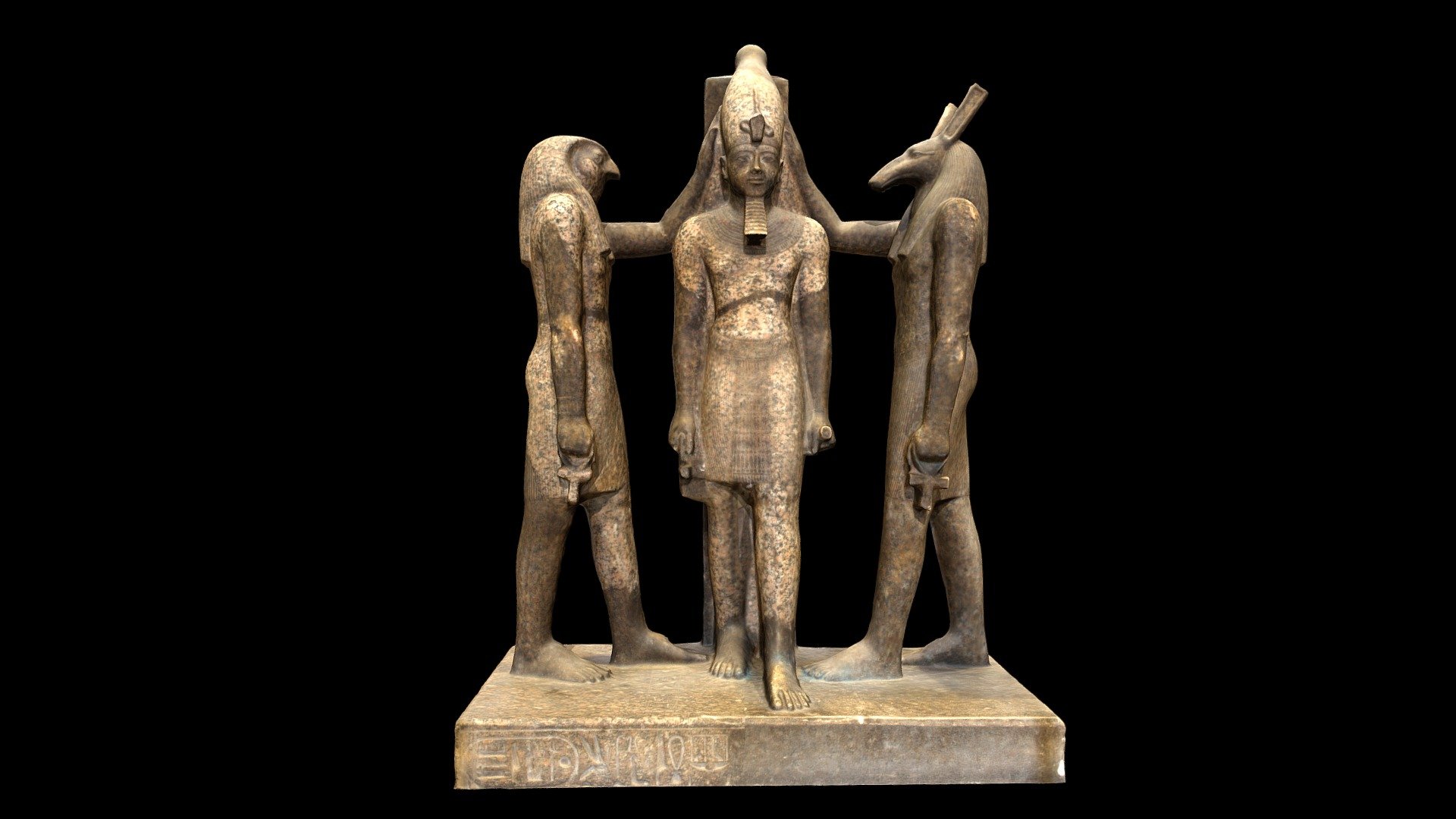 Granite triad of Ramses III with the gods Horus on his right and Seth on his left.  Currently in the Egyptian Museum, Cairo.

Created from 287 photographs (Canon EOS Rebel T5i) using Metashape 1.6.1.  Photographed in January 2018 3d model