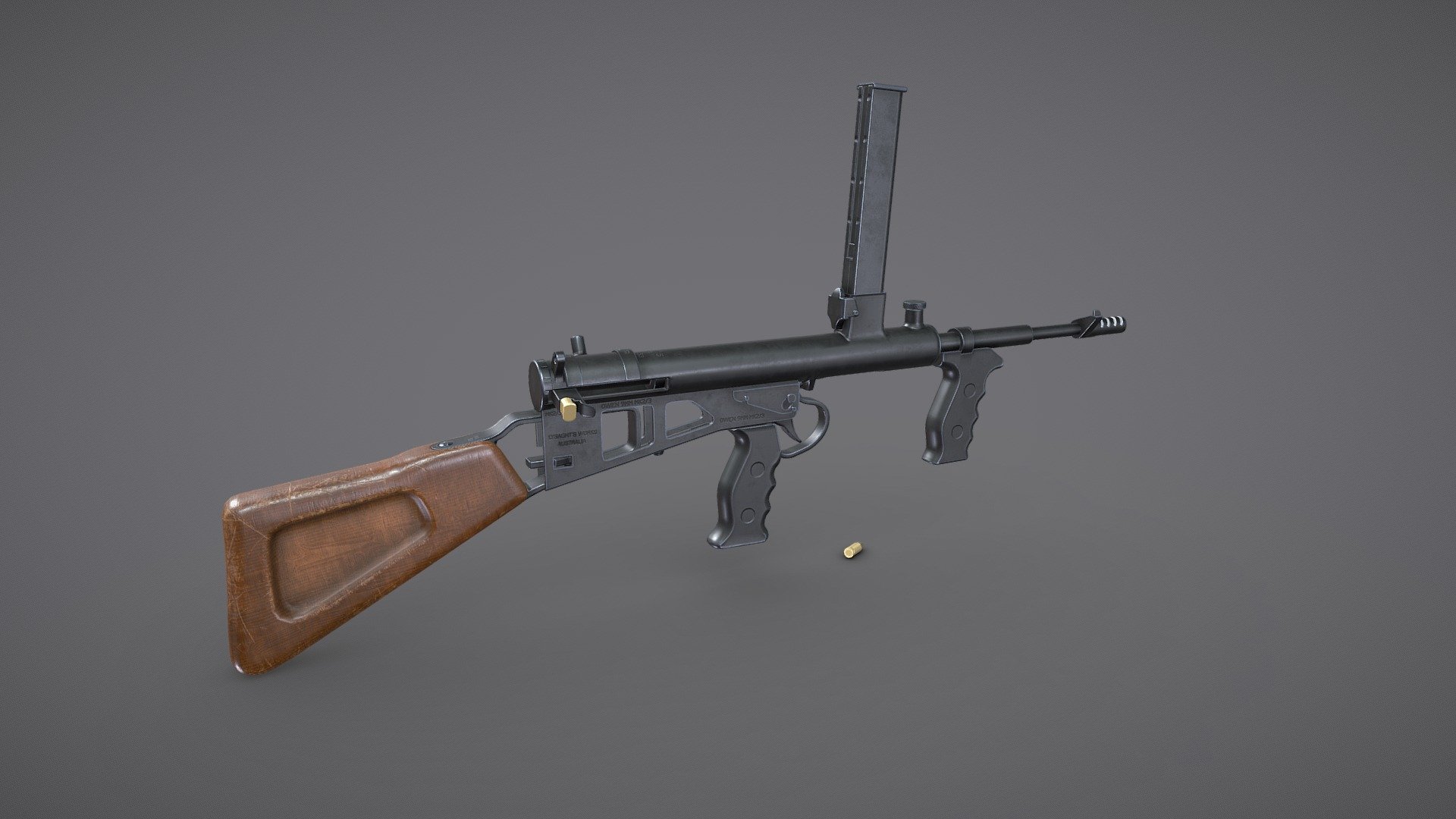 Owen Gun MK 2/3




Low-poly ready to use in AR/VR Games (17089 tris).

separate objects for animation(bolt, trigger, mag lock,mag bullet, fire select).

textures are in PNG format 4096x4096 PBR metalness 1 set.

-Detailed enough for close-up renders.

File Units: Centimeter.

Available formats: MAX 2018 and 2015, OBJ, MTL, FBX.

If you need any other file format you can always request it.

All formats include materials and textures.
 - Owen Gun MK 2/3 - Buy Royalty Free 3D model by MaX3Dd 3d model