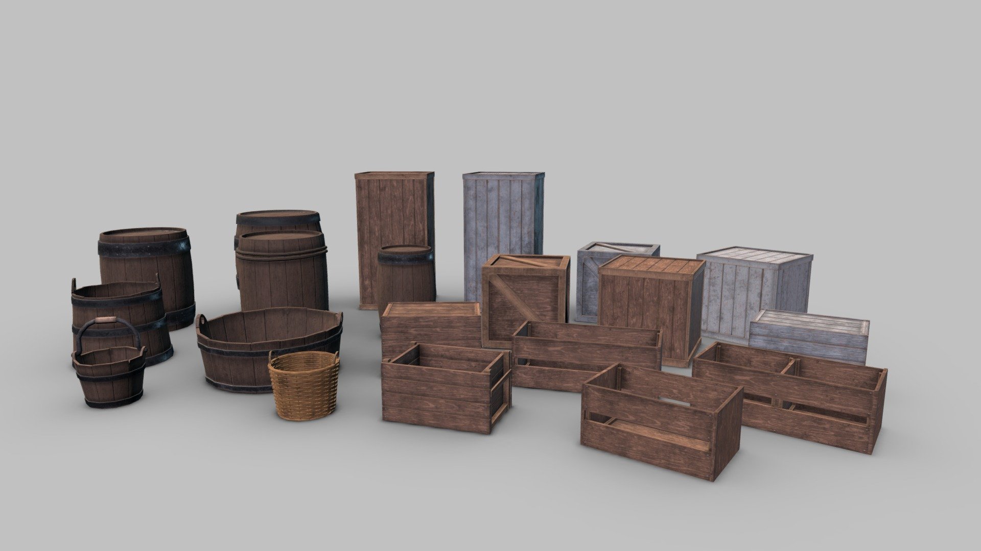 This low poly package of 20 different wooden, storage props contains: 4 barrels, 1 bucket, 1 basket, 1 tub, 1 vat, 8 crates (4 painted) and 4 open crates. Every model comes with a PBR material: Albedo, Roughness, Metallic, Normal and Ambient Occlusion, all 1024x1024 (an additional file with 512x512 textures is inclusive). Models done in Maya and the textures in Substance Painter 3d model