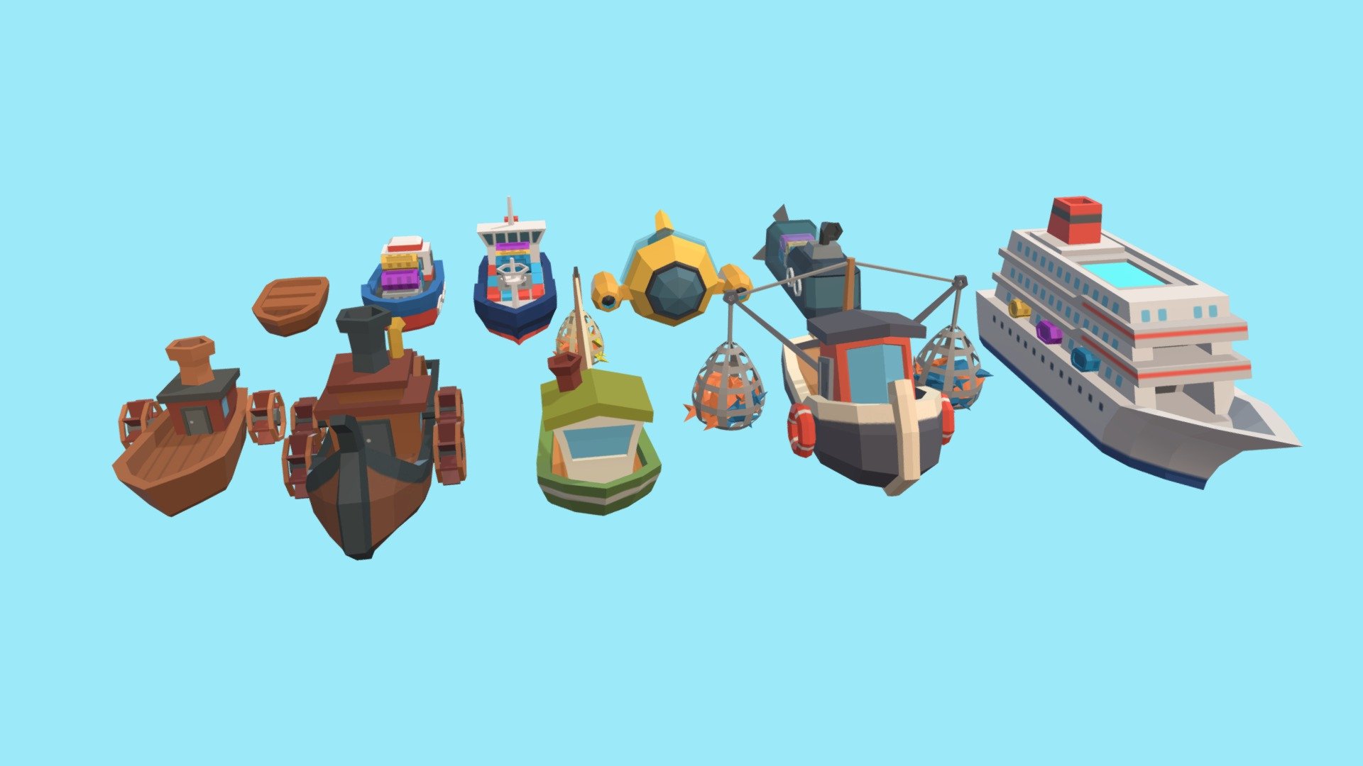 Embarking on an adventure? Pick whichever ship you fancy! We have cargo ships, submarines, steam boats, fishing boats and a cruise. 

Modelled these ships for a project. :) - Low poly ships - 3D model by Jia Yi (@hanaryu) 3d model