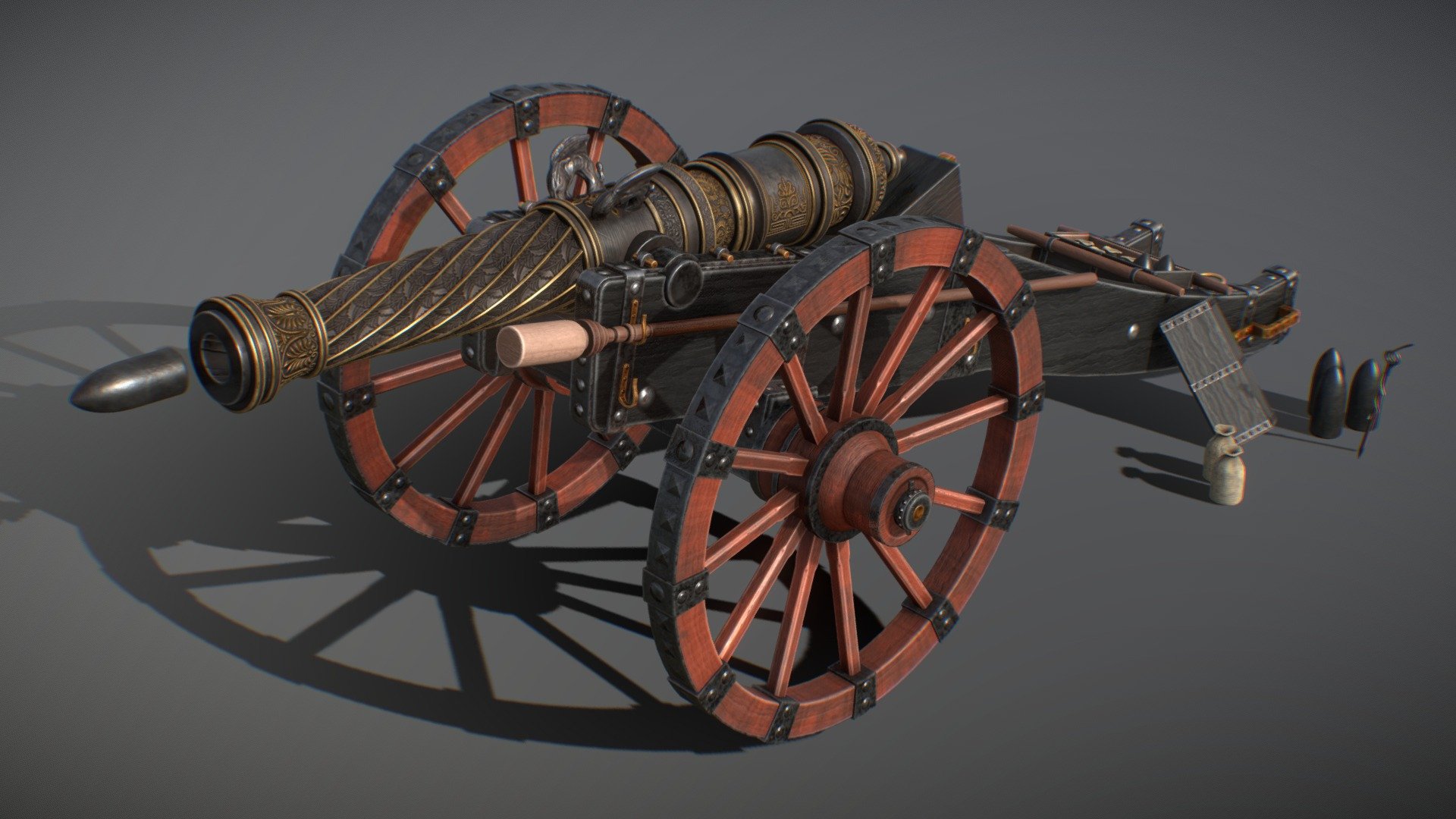 24 pound heavily decorated cannon in royal imperial style on a field gun carrier with tools, cannonballs, barrel and lintstock 3d model