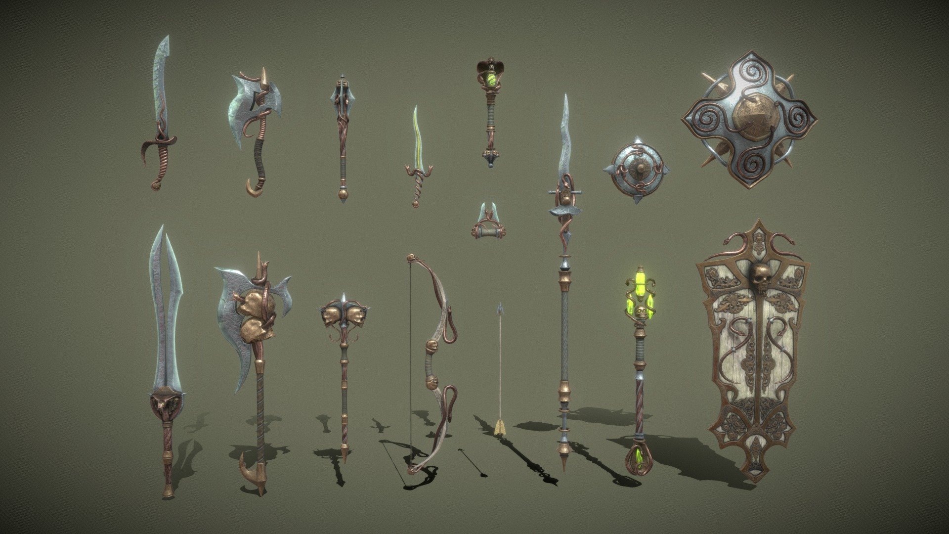 A set of fantasy Snake weapons.

The set consists of sixteen unique objects.

PBR textures have a resolution of 2048x2048.

Total polygons: 99624 triangles; 50780 vertices.

1) Sword (one-handed) - 4056 tris

2) Sword (two-handed) - 4978 tris

3) Mace (one-handed) - 4892 tris

4) Mace (two-handed) - 8272 tris

5) Ax (one-handed) - 4088 tris

6) Ax (two-handed) - 7034 tris

7) Lance - 6698 tris

8) Dagger - 4524 tris

9) Brass knuckles - 4188 tris

10) Bow - 6068 tris

11) Staff - 6096 tris

12) Scepter - 9606 tris

13) Shield (small) - 4824 tris

14) Shield (medium) - 11992 tris

15) Shield (great) - 10694 tris

16) Arrow - 654 tris

Archives with textures contain:

PNG textures for blender - base color, metallic, normal, roughness, opacity, glow

Texturing Unity (Metallic Smoothness) - AlbedoTransparency, MetallicSmoothness, Normal, Emission

Texturing Unreal Engine - BaseColor, Normal, OcclusionRoughnessMetallic, Emissive - Fantasy Snake Weapon Set - 3D model by zilbeerman 3d model