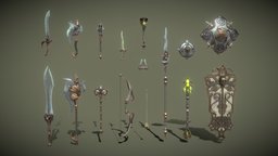 Fantasy Snake Weapon Set arrow, set, axes, bow, staff, shields, swords, lance, maces, pbr-game-ready, weapons, fantasy, dagger