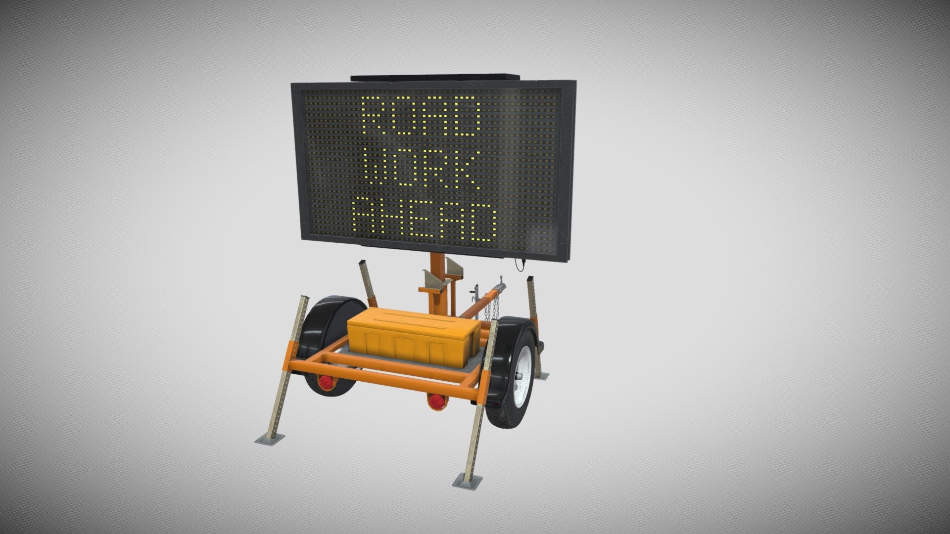 There is always a need for background and environment objects that set apart from the main subject of your work. Whether your goal is world building, creating atmosphere, or you just need to fill in some negative space; we as creators can always use those random objects that seem inconsequential on the surface but ultimately lend the much needed final touches to our work.

This traffic message sign board (typically used in construction, traffic, and pedestrian safety settings) has 4K image textures. Includes image textures to create 3 different messages (Road Closed Ahead; Road Work Ahead; Don't Drink &amp; Drive) 3d model