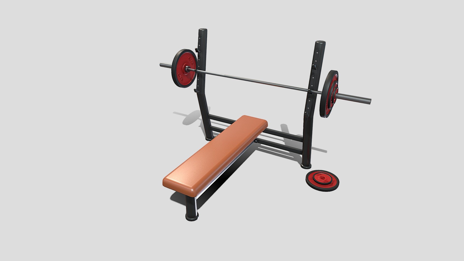Gym machine 3d model built to real size, rendered with Cycles in Blender, as per seen on attached images. 

File formats:
-.blend, rendered with cycles, as seen in the images;
-.obj, with materials applied;
-.dae, with materials applied;
-.fbx, with materials applied;
-.stl;

Files come named appropriately and split by file format.

3D Software:
The 3D model was originally created in Blender 3.1 and rendered with Cycles.

Materials and textures:
The models have materials applied in all formats, and are ready to import and render.
Materials are image based using PBR, the model comes with four 4k png image textures for the rack, and four 1k textures for the disks.

Preview scenes:
The preview images are rendered in Blender using its built-in render engine &lsquo;Cycles'.
Note that the blend files come directly with the rendering scene included and the render command will generate the exact result as seen in previews 3d model