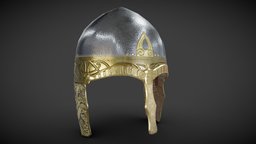 Viking Helmet Spangenhelm armor, leather, warrior, fighter, viking, medieval, unreal, ornament, helm, equipment, normandy, feudal, king, berserk, golden, anglo-saxon, middle-age, ornamented, unity, asset, clothing, gold, steel