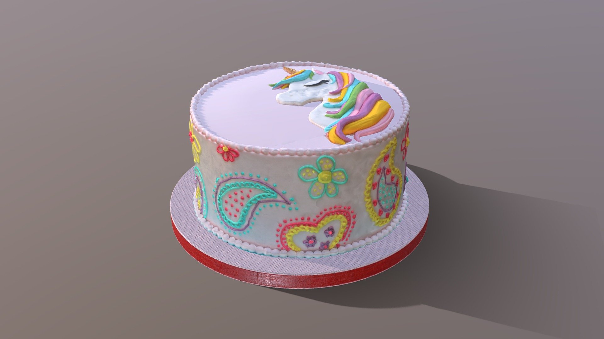 3D scan of a lovely Unicorn Buttercream Paisley Cake which is made by CAKESBURG Online Premium Cake Shop in UK. You can also order real cake from this link: https://cakesburg.co.uk/products/unicorne-cake?_pos=13&amp;_sid=fb131cb81&amp;_ss=r

Textures 4096*4096px PBR photoscan-based materials Base Color, Normal, Roughness, Specular) - Unicorn Paisley Cake - Buy Royalty Free 3D model by Cakesburg Premium 3D Cake Shop (@Viscom_Cakesburg) 3d model