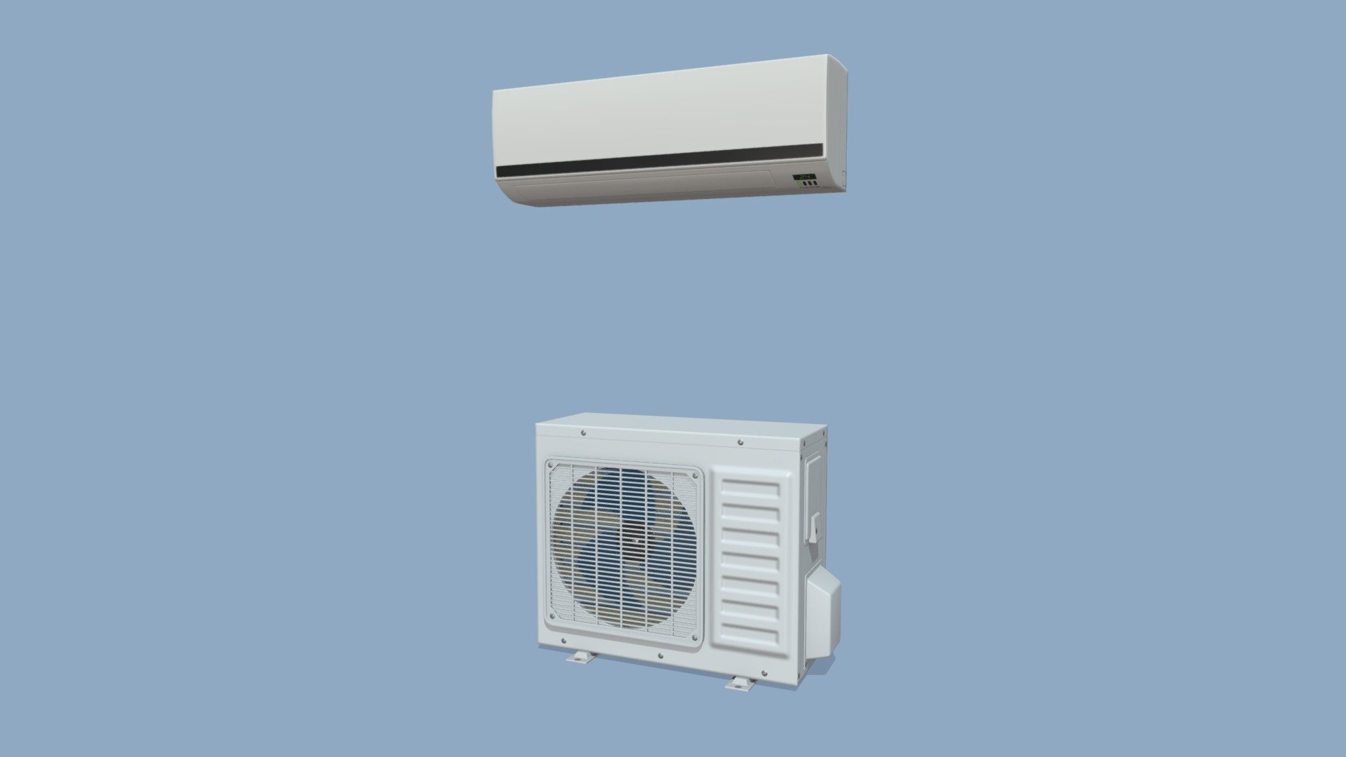 Game ready low-poly Air Conditioner models with PBR textures for game engines/renderers. 

This product is intended for game/real time/background use. This model is not intended for subdivision. Geometry is triangulated. Model unwrapped manually. All materials and objects named appropriately. Scaled to approximate real world size. Tested in Marmoset Toolbag 3. Tested in Unreal Engine 4. Tested in Unity. No special plugins needed. .obj and .fbx versions exported from Blender 2.83.

4096x4096 textures in png format:
- General PBR Metallic/Roughness  textures: BaseColor, Metallic, Roughness, Normal, AO, Emission;
- Unity Textures: Albedo, MetallicSmoothness, Normal, AO, Emission;
- Unreal Engine 4 textures: BaseColor, OcclusionRoughnessMetallic, Normal, Emission;
- PBR Specular/Glossiness textures: Diffuse, Specular, Glossiness, Normal, AO, Emission 3d model