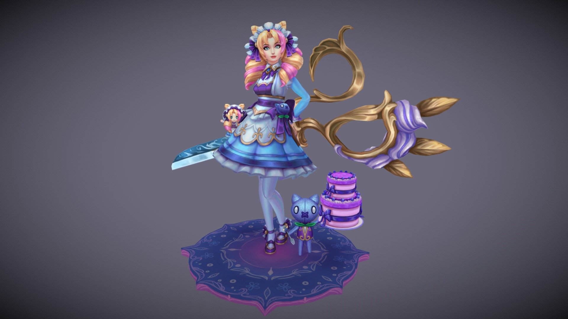 Excited for the opportunity to work on Cafe Cuties Gwen's League of Legends game model and textures, as well as her Doll and Blueberry Butler Bloob. Huge thanks to the team for the massive effort and for bringing Gwen to life! Hope you enjoy the skin! (Stand is for presentation only) 
More screenshots here!!  https://www.artstation.com/artwork/3qBRx2

Concept artists: 
Taylor Jansen,
Fortune K,
Thomas Randby

Tech Art: JP 

3D: Kylie Gage

VFX:  Celine Pak

SFX: Tristan M,
 Sandy Z

Anim: Jun Sui

QA: Victoria VG,
 Katey Anthony

Prod: Jenny Huls 

AD: Brian V - Cafe Cuties Gwen - 3D model by kyliejaynegage (@kyliejaynesmith) 3d model