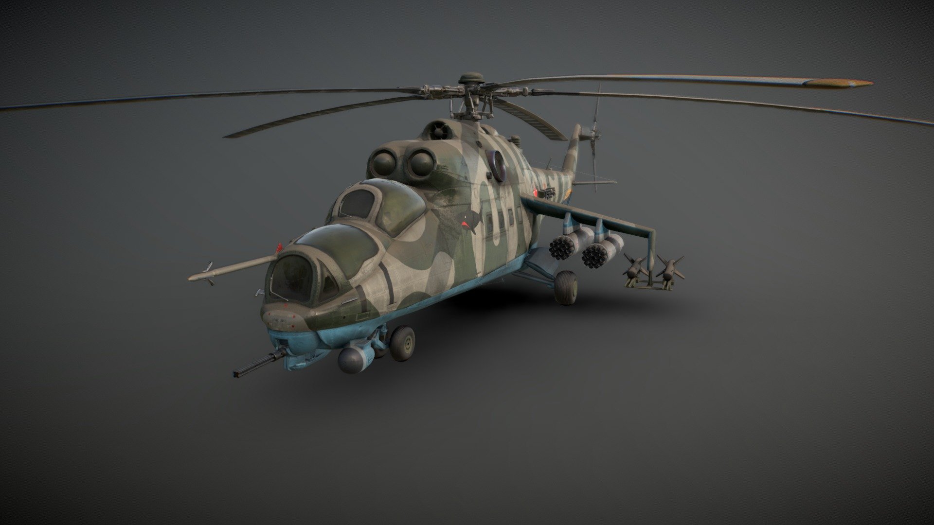 Soviet era Mil Mi-24D Hind Attack Helicopter in camo livery. Created as part of my game art design degree course 3d model