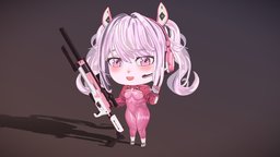 Alice Chibi fanart, chibi, alice, girls, headphone, pink, stylised, sniper, twintails, bunnygirl, pinkhair, character, blender, substance-painter, gamecharacter, animated, tightsuit, nikke