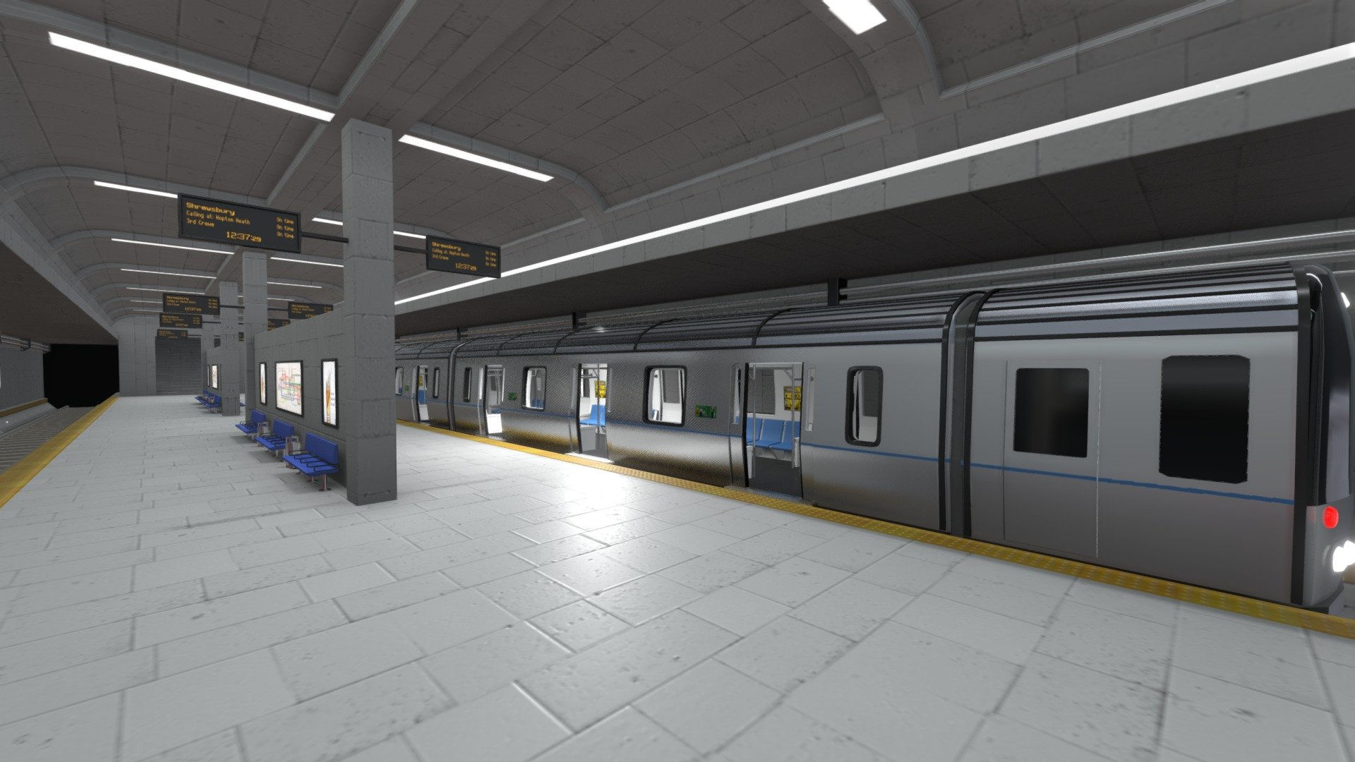 Perfect for architectural visualization, urban planning, and game design, this asset features a realistic station with platform and interior space, as well as a detailed subway train model. Its optimized for real-time rendering and can be easily integrated into a variety of software applications 3d model