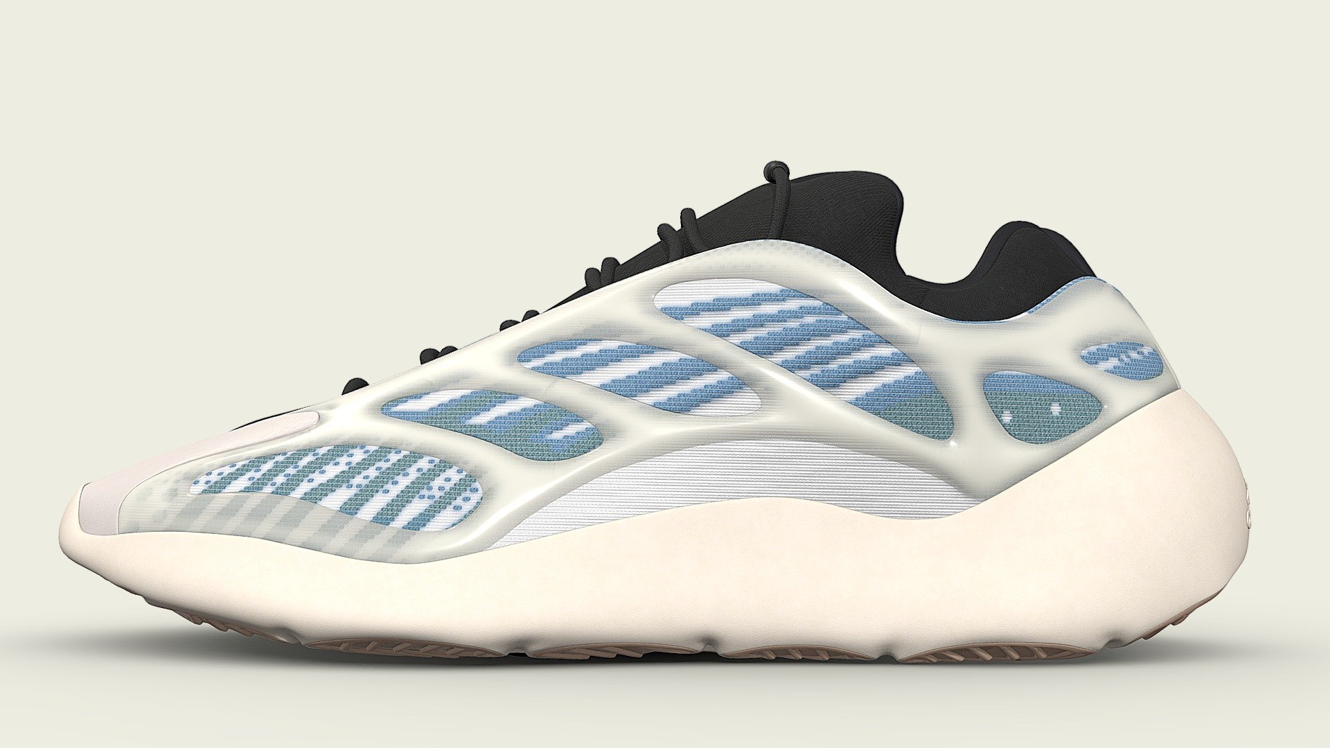 The third incarnation of the Yeezy 700 combines a sophisticated design with the most popular shoe brand on the market. The Kyanite colourway matches blue and green stripes with a white canvas, creating a subtle, toned down look. 

**Modelled in Blender, textured in Substance Painter **

This model was created using the real shoe as reference to ensure the highest quality possible. The model is also subdivision ready, the base model is low poly and can be subdivided to achieve the renders in the preview, full details on polycount below.

The blender file comes complete with the nodes set up and textures attached. Fbx and Obj versions are available
Each shoe has three materials, Top, Middle, and Bottom. Textures are 4096x4096 and the following are provided: Base_Color Height Metallic Normal Roughness
The opacity is linked with the Base_color, but a seperate file can be provided if required. All textures are in png format

If you have any questions or require any assistance contact me 3d model
