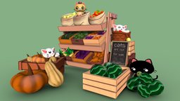 Cat Market cat, tag, creatures, market, furniture, fruits, vegetables, substancepainter, blender3d, sketchfab