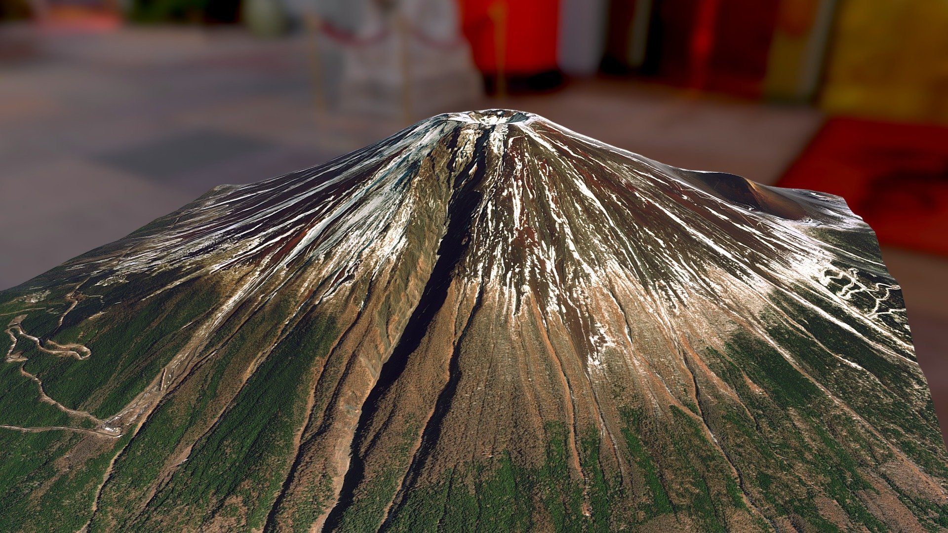 Mount Fuji Volcano in Japan.  This model features less snow than other models I made of this mountain.

Japan’s Mt. Fuji is an active volcano about 100 kilometers southwest of Tokyo. Commonly called “Fuji-san,” it’s the country’s tallest peak, at 3,776 meters. A pilgrimage site for centuries, it’s considered one of Japan’s 3 sacred mountains, and summit hikes remain a popular activity. Its iconic profile is the subject of numerous works of art, notably Edo Period prints by Hokusai and Hiroshige 3d model