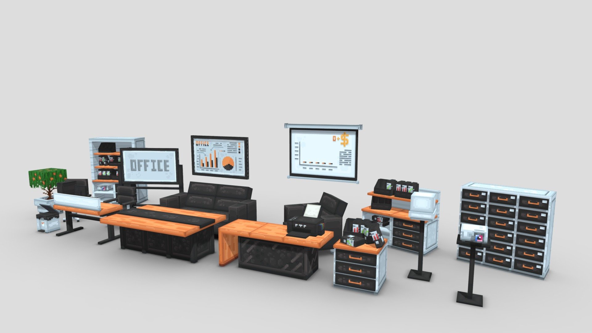 Office Furniture Volume 2, 21 Models:




Board x2

Chair Ceo

Chair

Computer

Cupboard x3

Drawer

File

Lamp

Pottedplants

Printer

Projector x2

Rubbishbin

Sofa x2

Table Ceo

Table x2
 - Office Animated Furniture Volume 2 - Buy Royalty Free 3D model by EliteCreatures 3d model