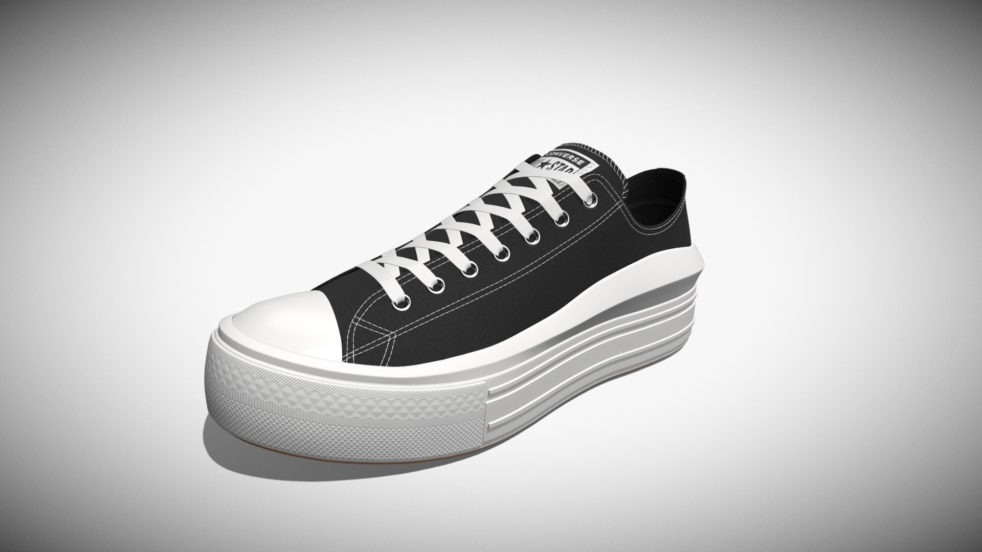 Detailed 3D model of a pair of Black Chuck Taylor All Star Move Platform Low Top sneakers, modeled in Cinema 4D. The model was created using approximate real world dimensions.

The model has 379,304 polys and 396,004 vertices.

An additional file has been provided containing the original Cinema 4D project file with both standard and v-ray materials, textures and other 3d format such as 3ds, fbx and obj. These files contain both the left and right pair of the shoes 3d model