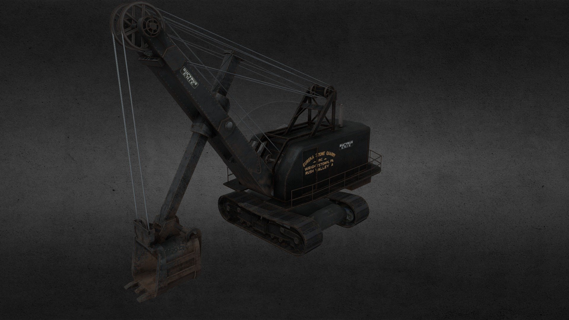 Relatively low-poly representation of real life shovel excavator Bucyrus Erie. Fully animated via one central armature. Full PBR textures include diffuse, metallic, roughness and normal maps raging in resolution from 1K up to 4K (depending on detail/importance) 3d model