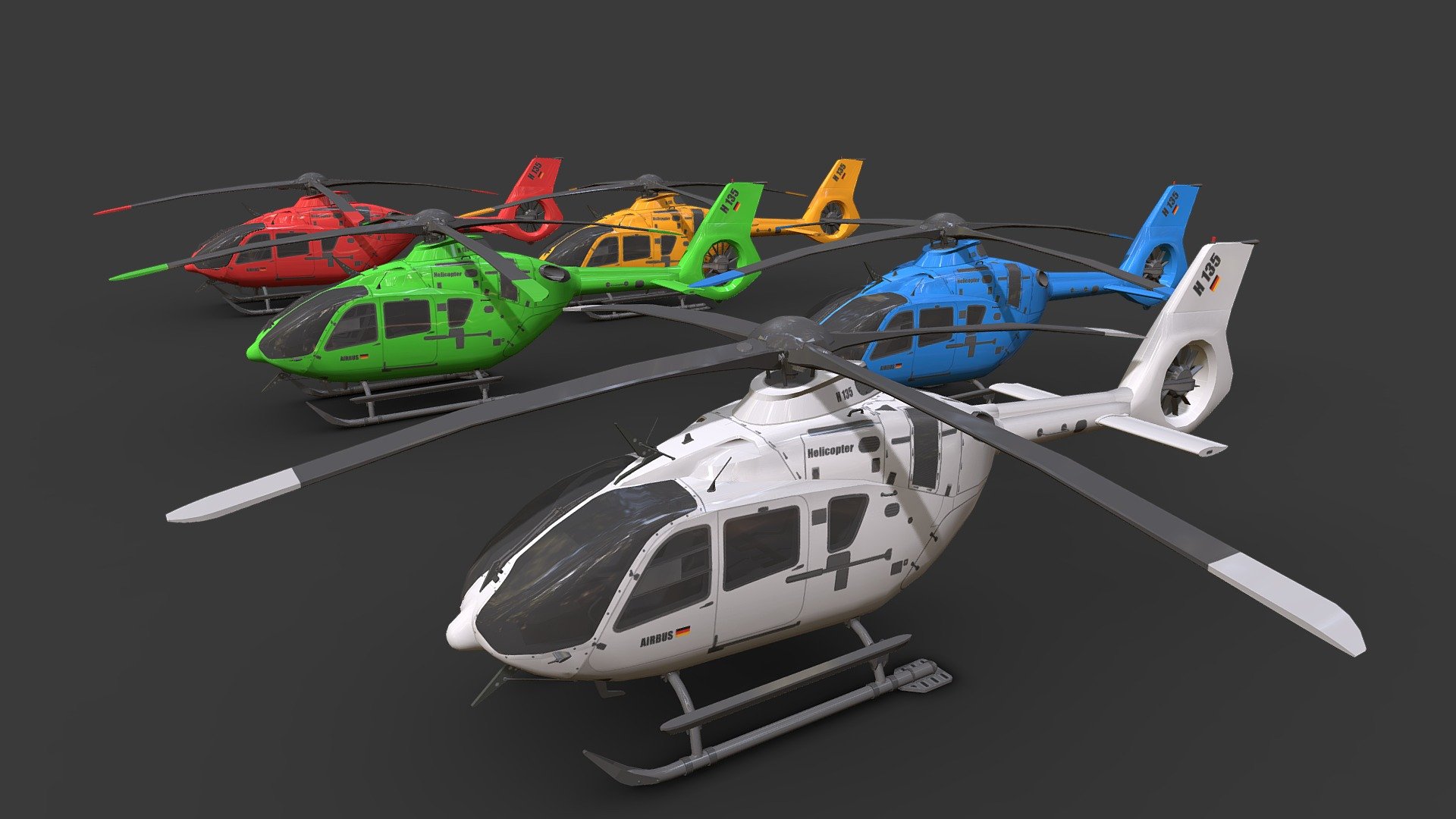 *Airbus H135

*You can use these models in any game and any project.

*the inside of these models are designed simply so it is low_poly and it can be used for any game.

*This model is made with order and precision.

*Separated parts. (. Body_Main Rotor_Tail Rotor).

*It has a textures PSD and you can change the color of the body.

*Low poly.

*Normal map:YES

*Average poly count: 15/000 tris.

*Textures size: 4096*4096 ( PNG_PSD ).

*High Quality Textures.

*format: fbx, obj, 3d max.
 - Airbus H135 - Buy Royalty Free 3D model by Sidra (@Sidramax) 3d model