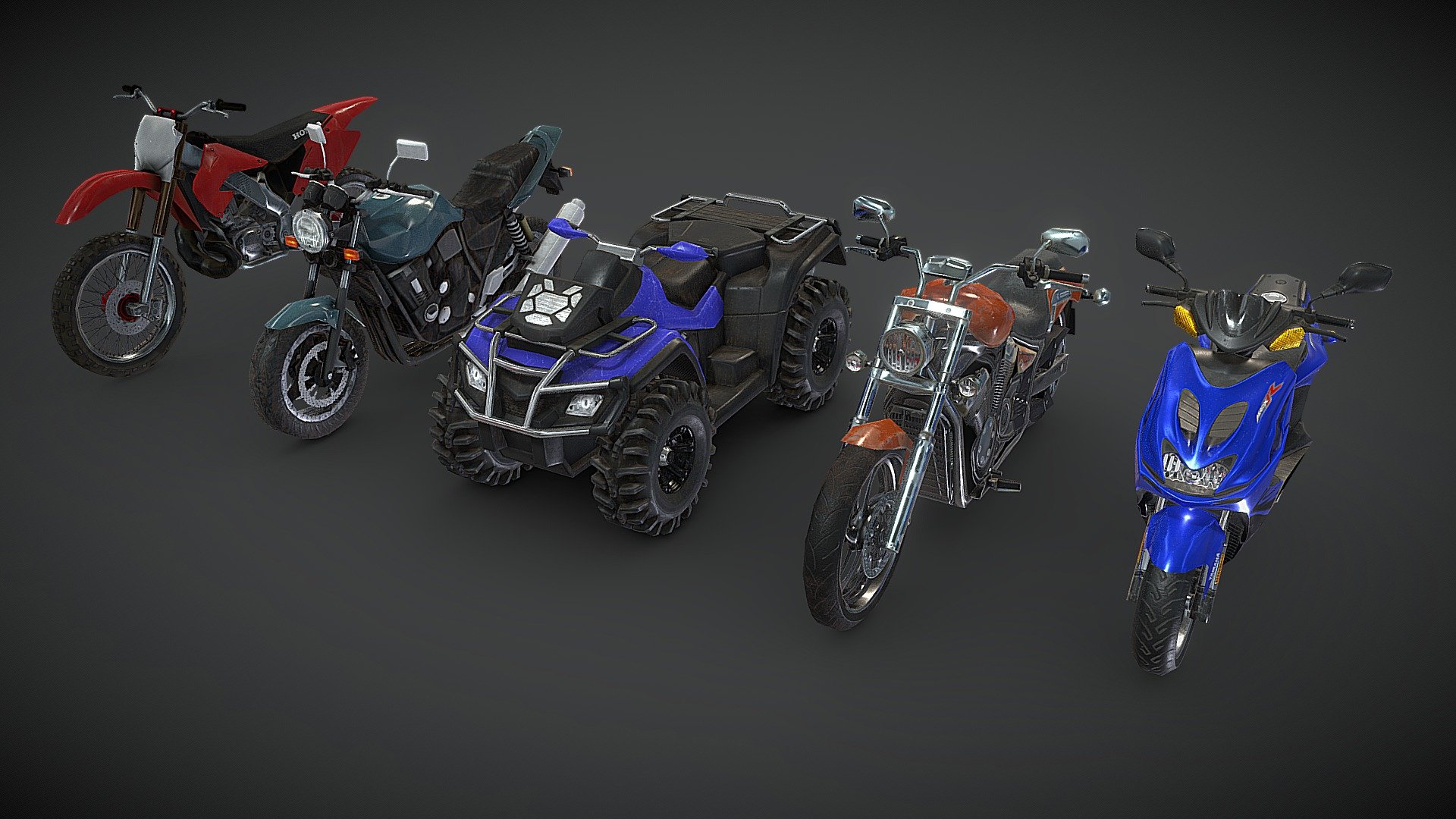 6 motorbikes of different types.




ATV Lizard

Honda CB400

Honda CR250

Yamaha Aerox

Yamaha Stryker

PBR textures 2048x2048 3d model