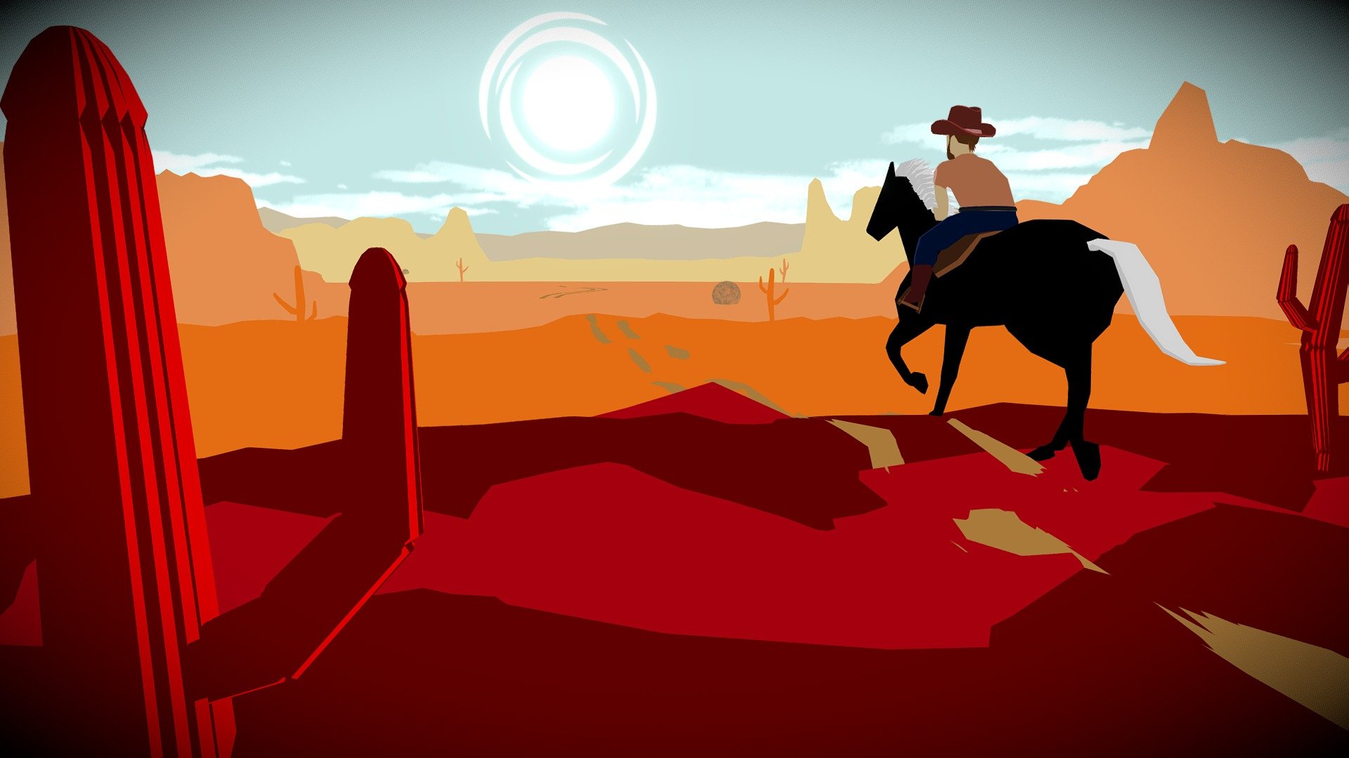 My entry for the February Challenge of Frontiers. Here we have a cowboy on his way to discover what lays beyond what his eyes can see in the desert.  

I wanted to take a lower poly and stylized approach to this model, and make it look like a drawing rather than a 3D model. I modeled this in Maya, and with the exception of a few meshes I threw into Substance Painter for opacity, assigned lambert materials for most of the colors 3d model