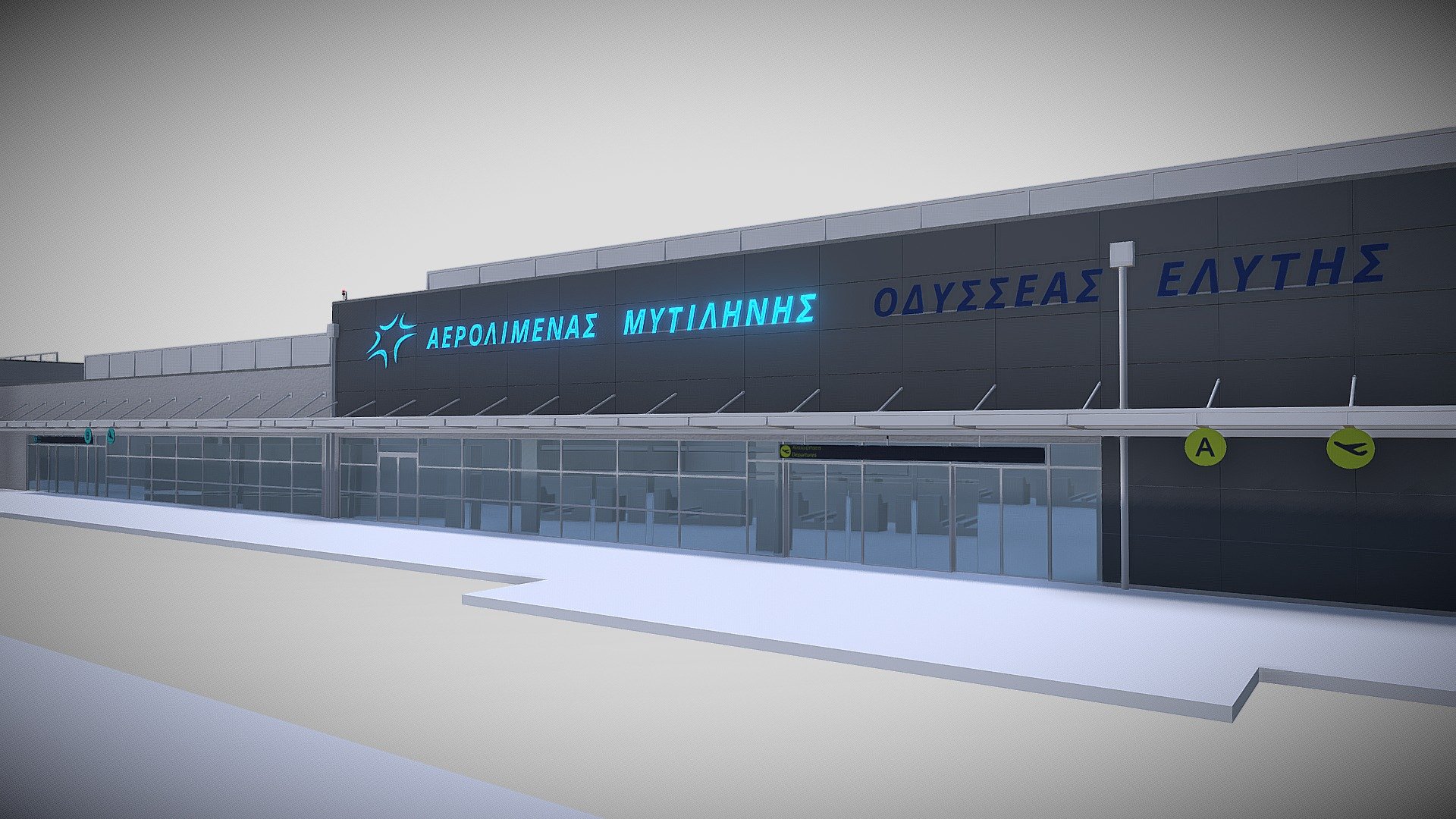 This is a work in progress model of the main terminal for Mytilene International Airport on the island of Lesvos in Greece. The model will be used for a new Microsoft Flight Simulator scenery by Foxtrot Scenery Desgin featuring a fully detailed exterior and interior model as well as surroundings 3d model