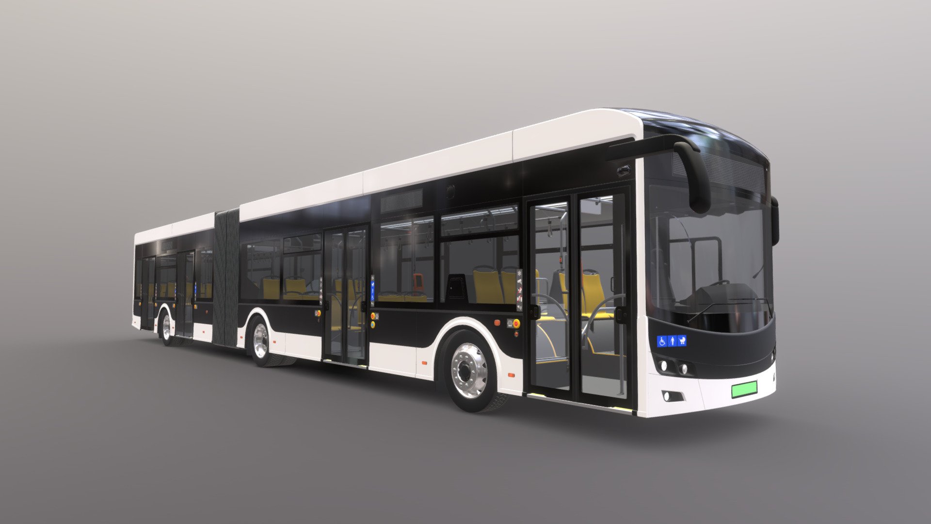 My first articulated bus based on the II generation of my low-floor, emission-free, electric city bus. Compared to the previous generation, the new model has undergone a slight lifting of the exterior. The interior has changed as well. By repositioning the engine and moving some of the batteries and other equipment to the roof of the bus, the number of seats was increased. The length: 18100mm, height: 3300mm. Number of seats: 45 (From the technical point of view, the steering wheel was seperated from the desk and is now a seperate object.) - Articulated Electric City Bus [Full Interior] - Buy Royalty Free 3D model by KolorowyAnanas 3d model