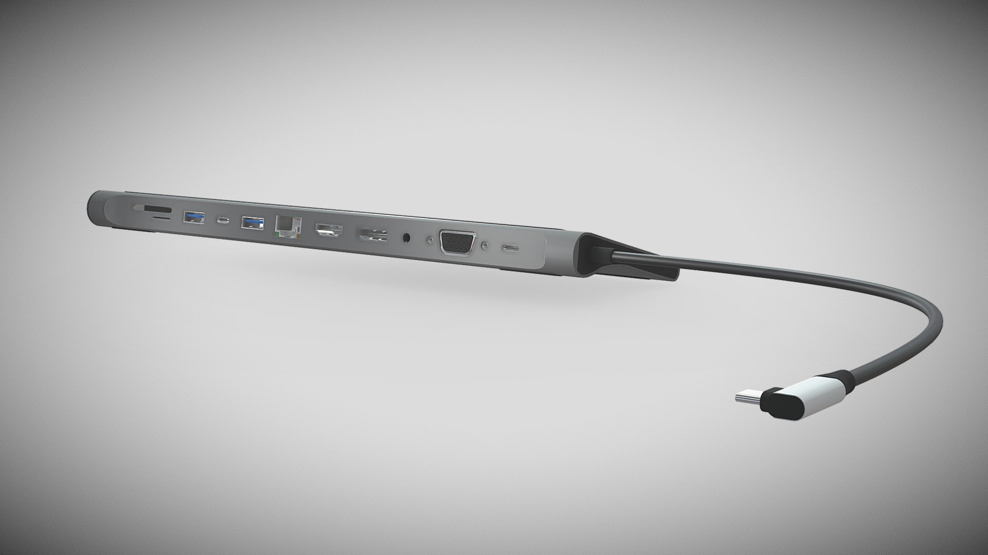 Usb type-c Multi-port adapter hub, modeled in scale 1:1 after a real product in Blender.
Ports for connection are the following:
3x USB type A (classic USB 3.0)
2x USB type C
1x HDMI
1x Ethernet
1x 3.5mm Aux
1x VGA
1x Display Port

For further information, don't esitate to comment and ask 3d model