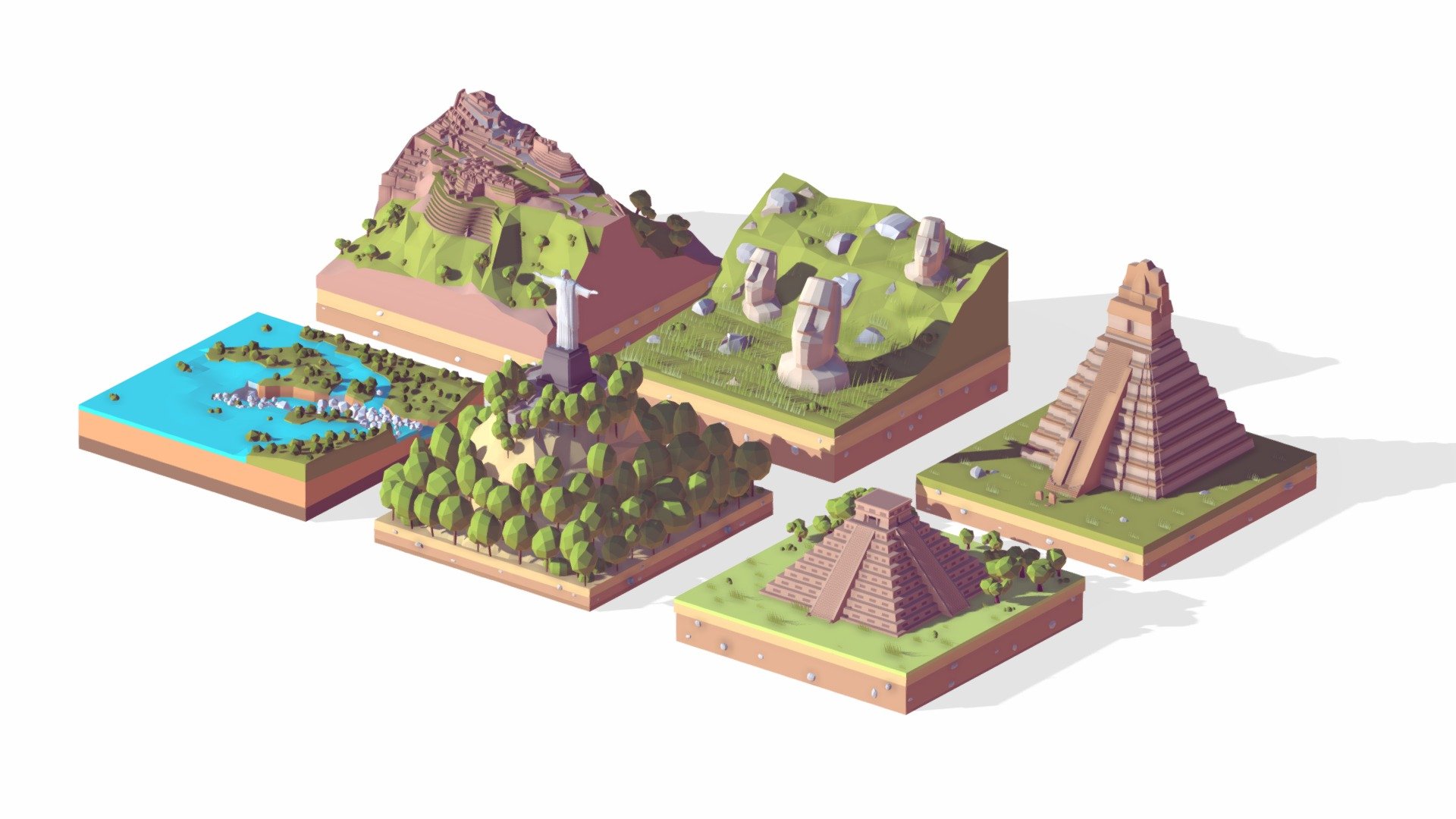Cartoon Low Poly South America Landmarks Pack

Created on Cinema 4d R20

67 123 Polygons

Procedural textured

Game Ready, AR Ready, VR Ready

Pack Include: Iguazu Falls, Tikal Temple, Christ Redemeer, Machu ichu, Easter Island, Chichen Itza
 - Low Poly South America Landmarks Pack - 3D model by antonmoek 3d model