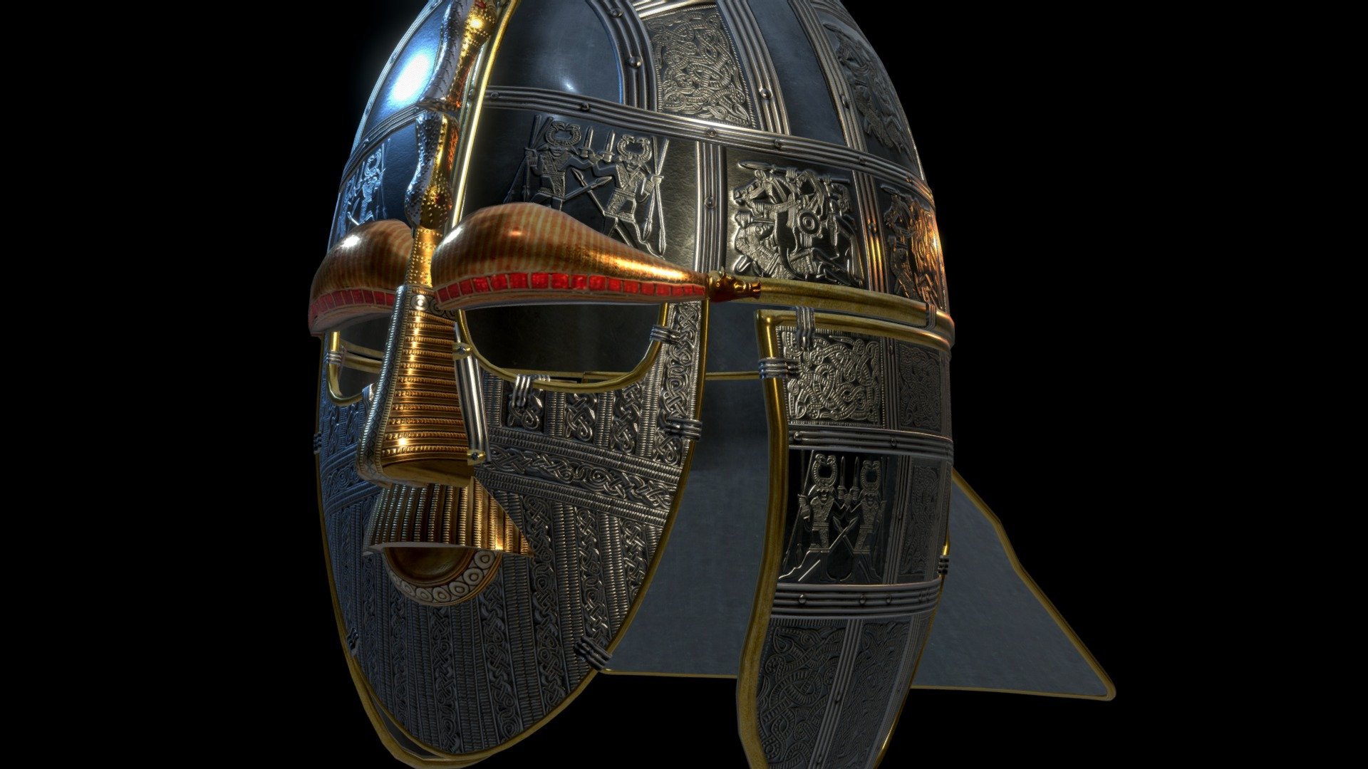 Edit : **Model updated ! 

Technical notes  :
New mesh passed from his earlier shape with 64K Vertices to 12K ! And new textures by 4096 pixels wide are entirely re painted by hand under Photoshop. Normal are generated from theses layers to have clean aspect.

History Brief :

Emblematic helmet from the upper English middle age (VII century) this piece is believed to have belonged to King Rædwald of East Anglia, one of the eight Bretwaldas of Britain (the fourth). It was discovered in a large funeral boat covered by a tumulus. The name of the archeological area, near the small town of Sutton (which from old english sut + tun mean south farmstead or village) and Hoo ( Hoh, describing a hill shaped like a heel spur) gave by extension the name to the entire treasure. 

This helmet demonstrate the qualities of Saxon craftsmanship at this time. It was a part of a most important funeral treasure with several equipment pieces like Sword, Belt Buckle, Shield and other ornementations 3d model
