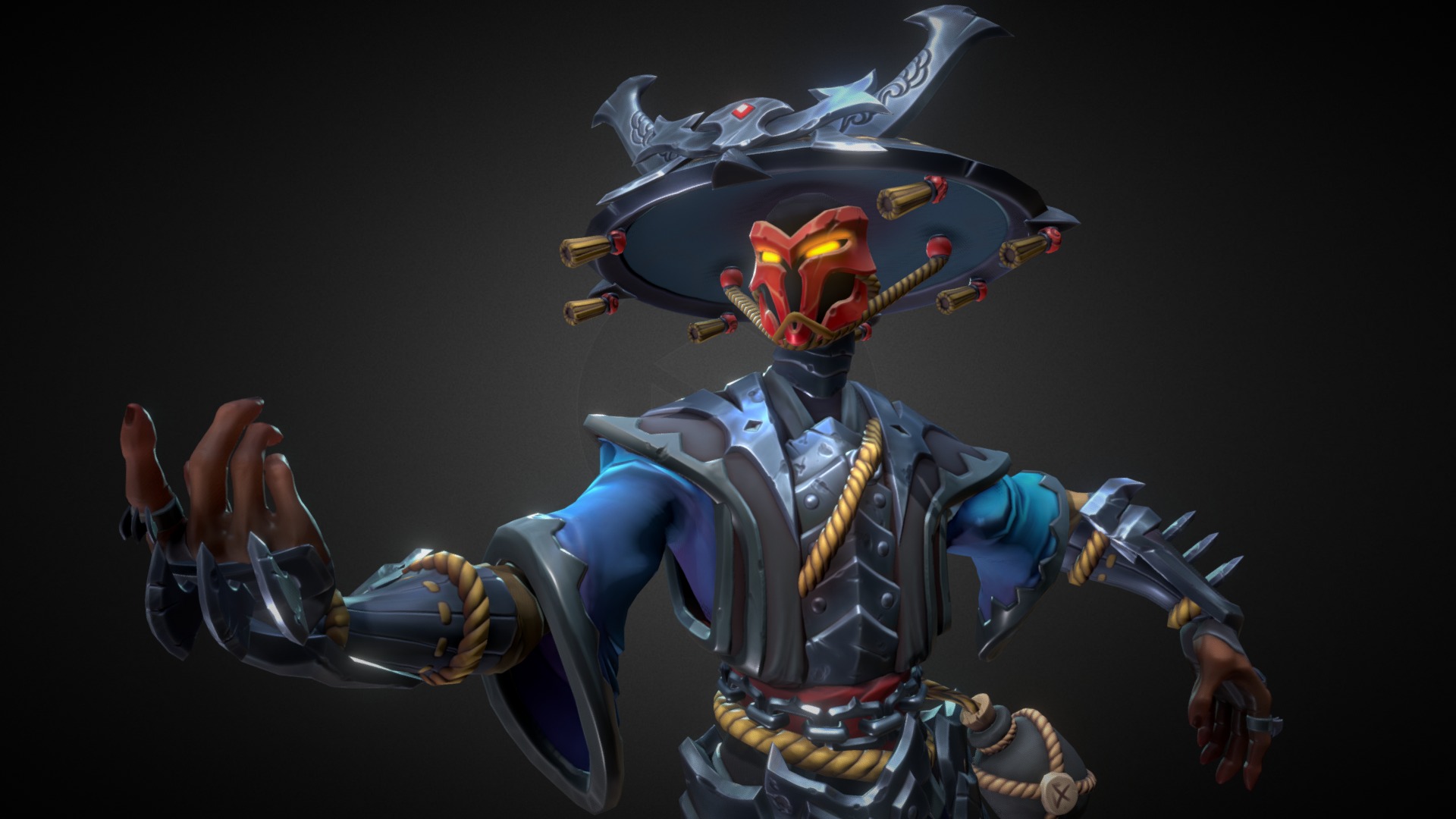 Set for Paladin's event: Koga's Revenge.

Shadow Lord Maldamba &ndash; 31,454 tris, 2x2048 materials 
Weapon &ndash; (Gourd) &ndash; 2032 tris, 1x512 material 
Weapon&ndash; (Snake, not shown) &ndash; 13,578, 1x2048 material

Shadowlord Maldamba model and textures by me. 
Gourd and Snake weapon model and textures by Ryan Trammell 
Concept by Davi Blight (David Anderson) 
Rigging and Animation by respective team members of Paladins: Champions of the Realm, of Hi-Rez Studios 3d model