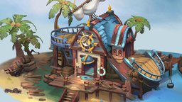 Sea House scene, palm, octopus, 3dcoat, island, game-art, midpoly, beach, kawaii, handpainted, cartoon, 3dsmax, ship, wood, pirate, stylized, sea, environment, boat, island2019